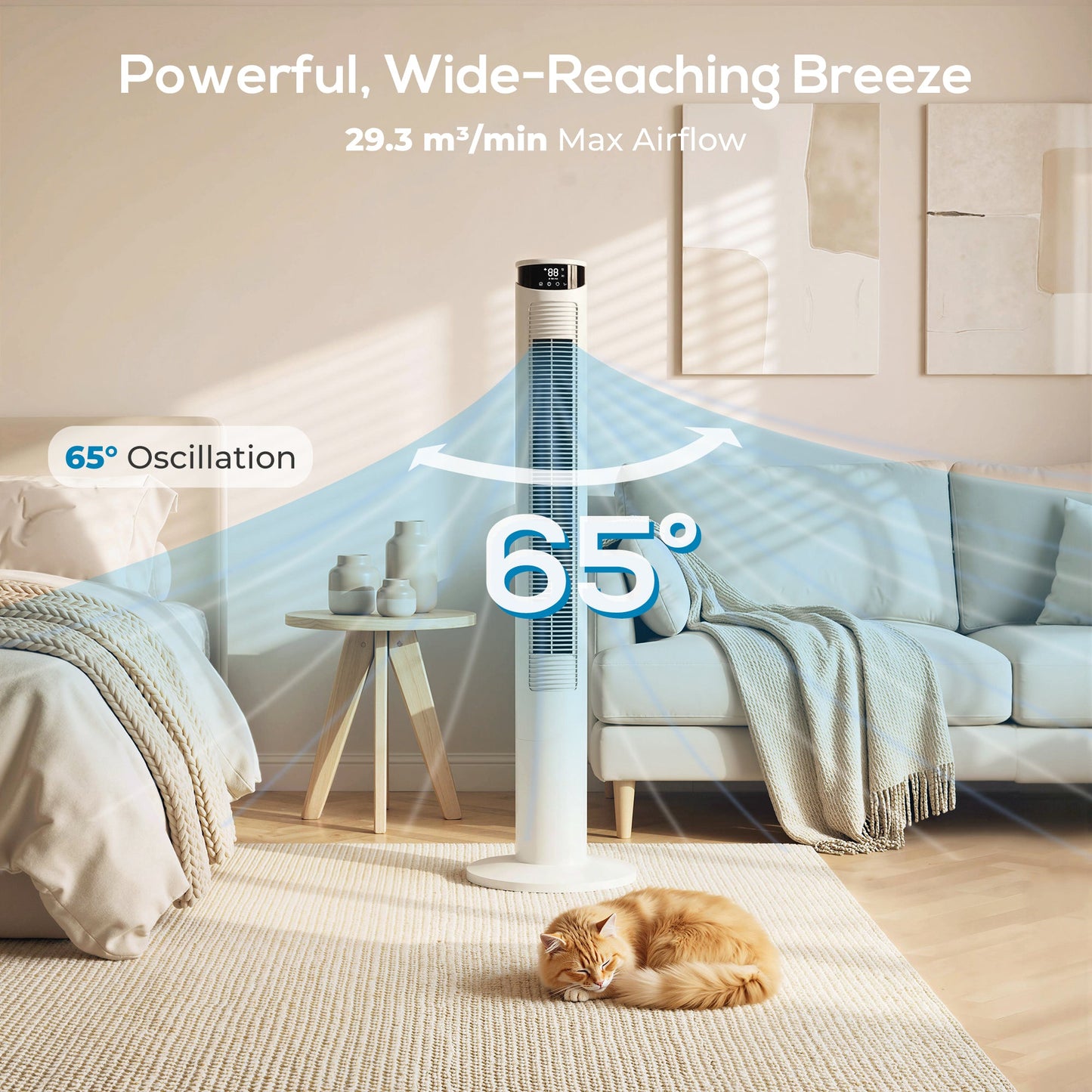 116 cm Tower Fan for Cooling, Standing Floor Fan with WiFi Control, 65° Oscillating, 12 Hour Timer, LED Display and Remote Control for Bedroom, Office, White