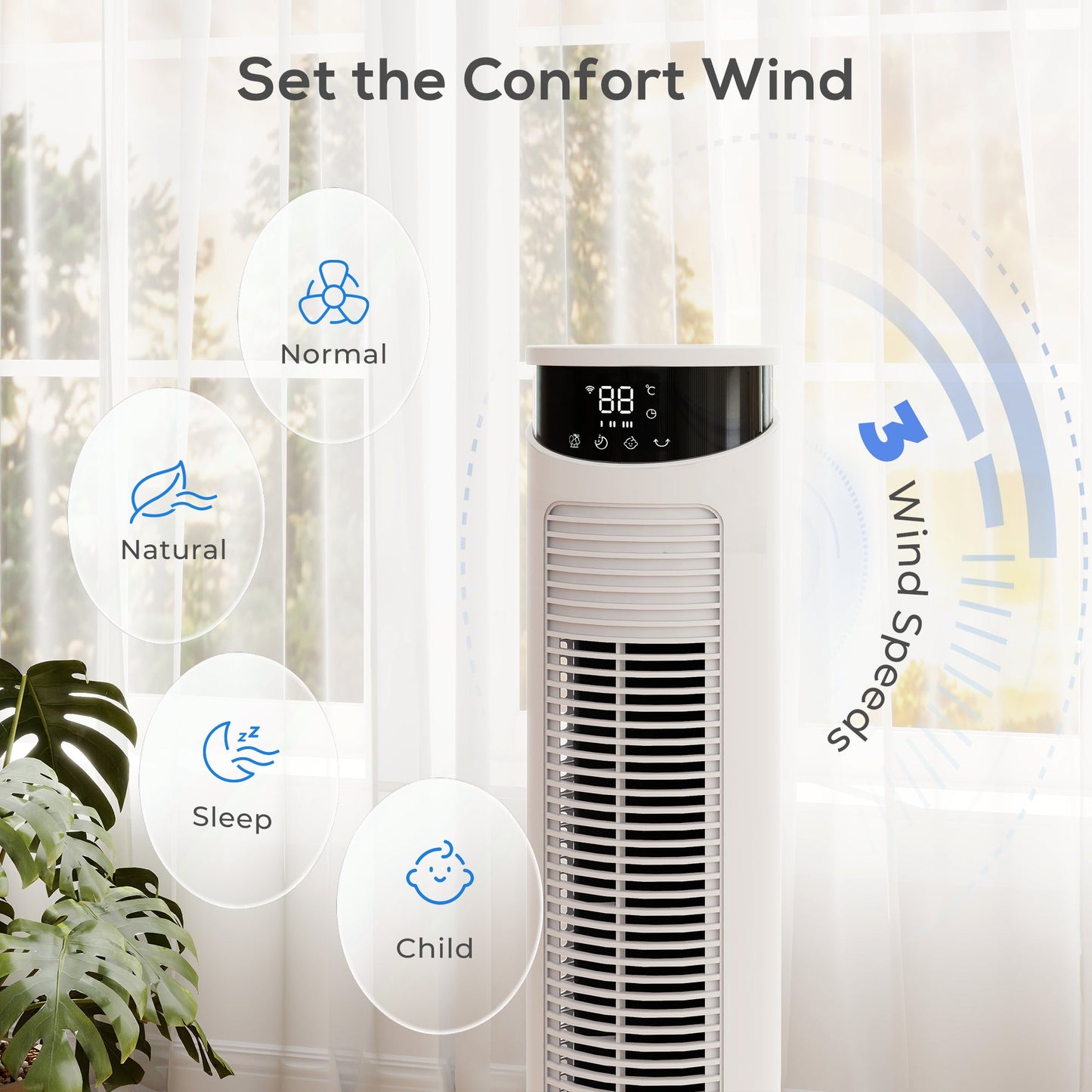 116 cm Tower Fan for Cooling, Standing Floor Fan with WiFi Control, 65° Oscillating, 12 Hour Timer, LED Display and Remote Control for Bedroom, Office, White