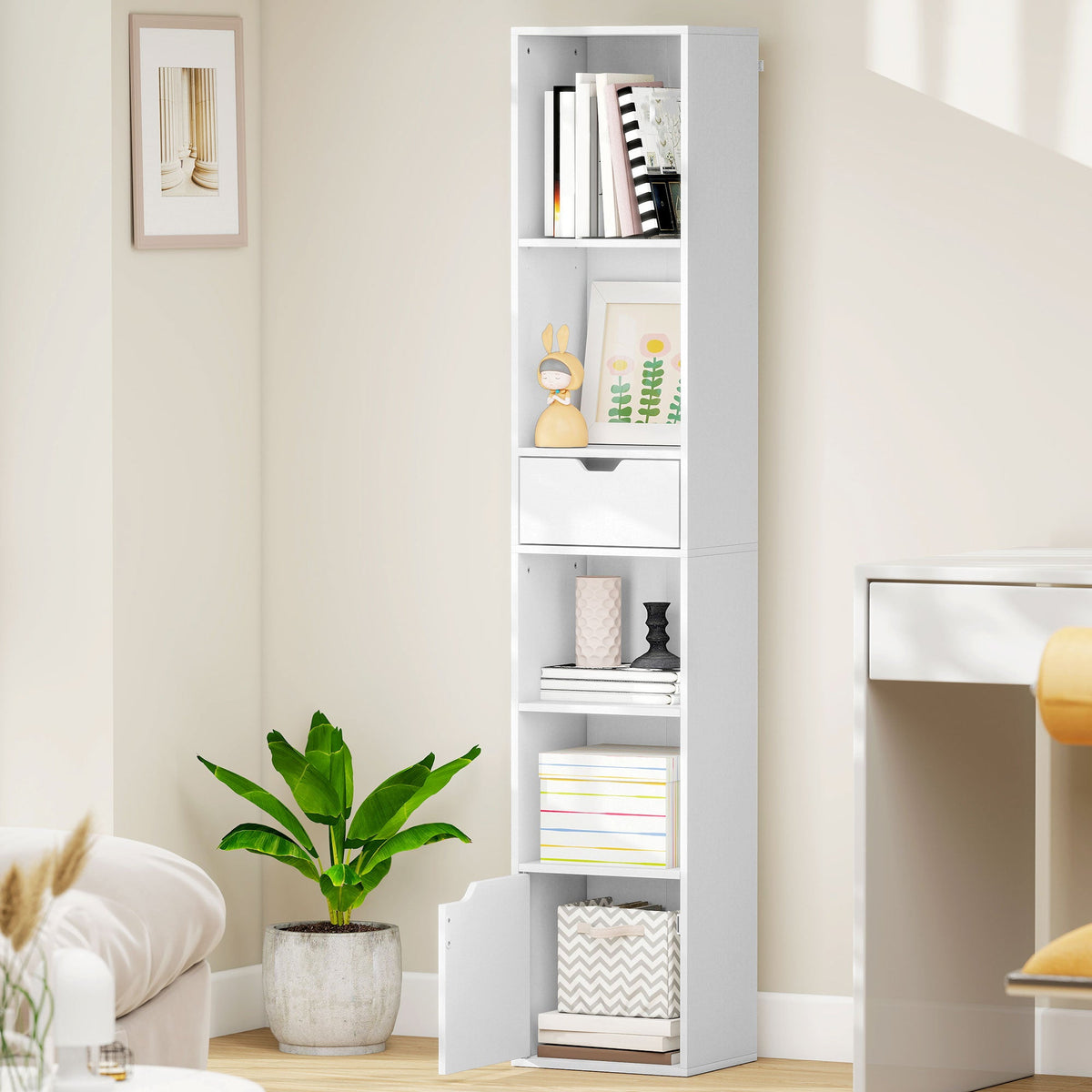 6-Tier Bookcase, Tall Narrow Bookshelf with Drawer, Door, Adjustable Shelf, Modern Display Standing Shelving Unit for Living Room, Home Office, Bedroom, 30 x 24 x 158 cm, White