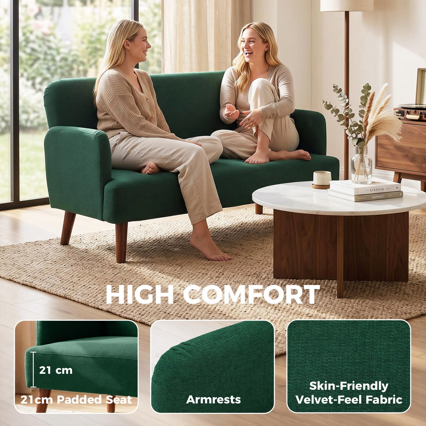 2 Seater Sofa, Small Sofa with 21cm Thick Padding and Wood Legs, Modern Velvet Feel Fabric Loveseat for Living Room, Bedroom, Home Office, Dark Green