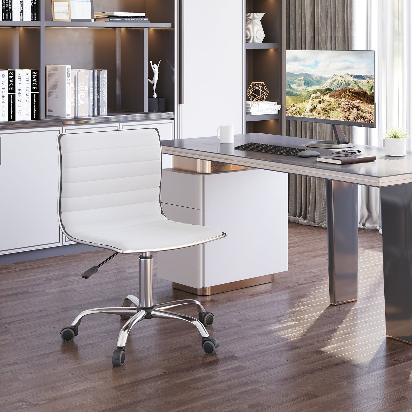 HOMCOM Adjustable Swivel Office Chair with Armless Mid-Back in PU Leather and Chrome Base - White