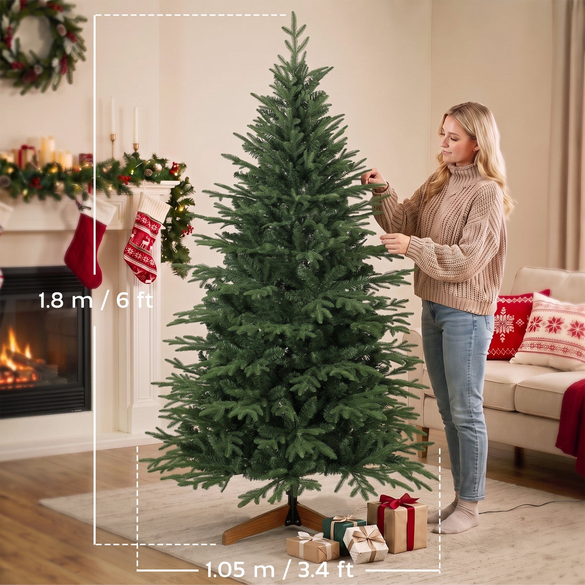 6ft Artificial Christmas Tree, Full Hinged Xmas Tree with 2081 PE & PVC Tips, Solid Pine Wood Stand for Home Office Holiday Decoration, Green