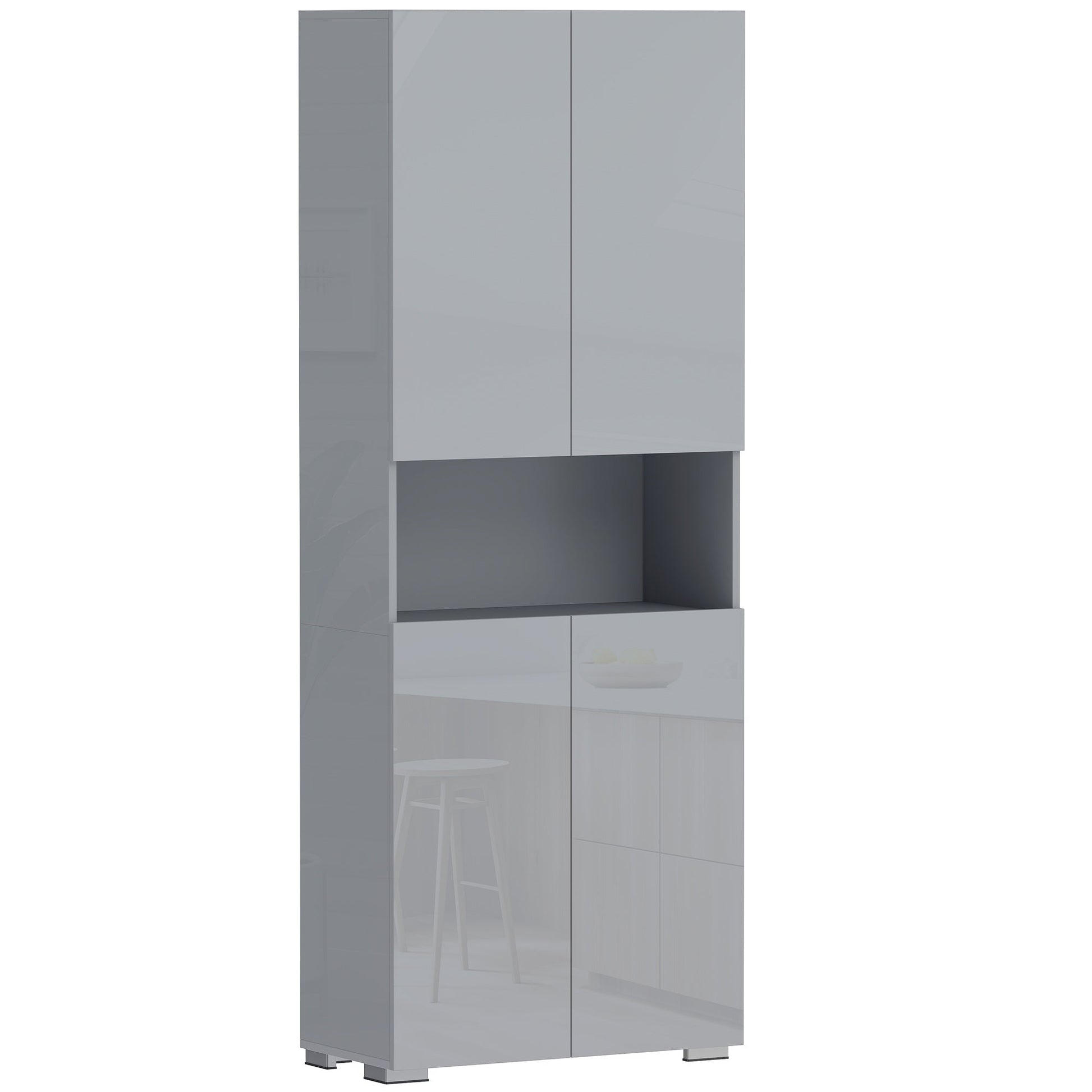 180 cm Tall Kitchen Cupboard, Pantry Storage Cabinet with Soft Close Doors and Adjustable Shelves, Freestanding Kitchen Cabinet for Dining Room, High Gloss Grey