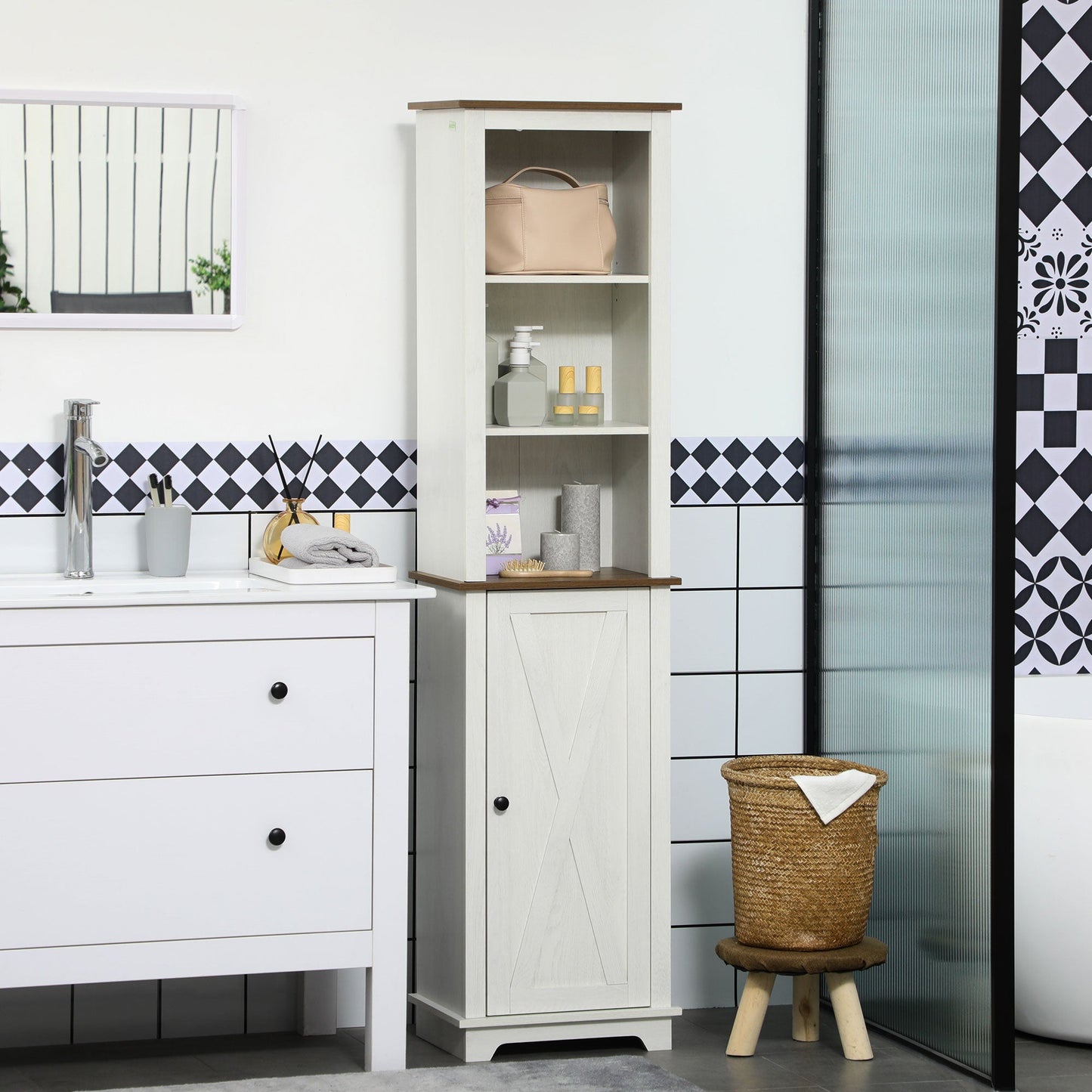 kleankin Tall Bathroom Floor Cabinet, Free Standing Storage Cupboard with Door and Adjustable Shelves for Kitchen, Living Room, White