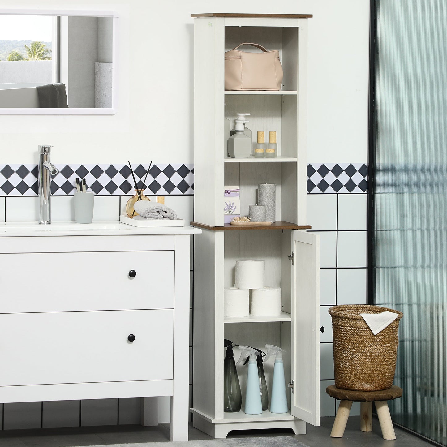 kleankin Tall Bathroom Floor Cabinet, Free Standing Storage Cupboard with Door and Adjustable Shelves for Kitchen, Living Room, White