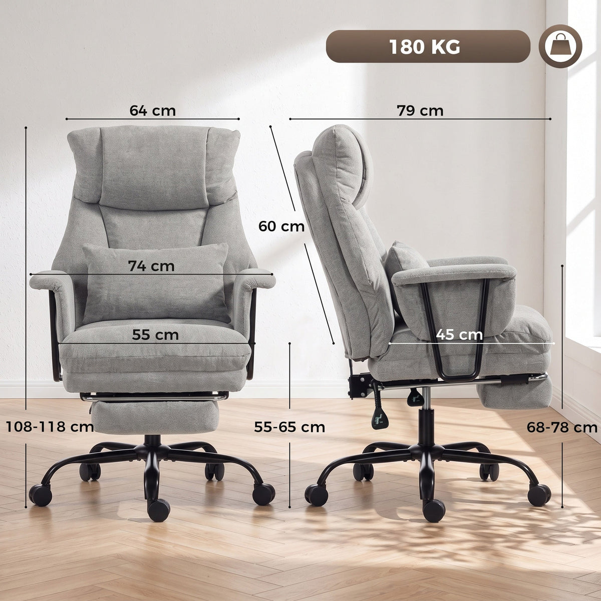 Office Chair, 180kg Heavy Duty Linen Computer Desk Chair with Lumbar Support, Wide Seat, Spring Cushion, Reclining Backrest, Footrest, Swivel Wheels, Grey