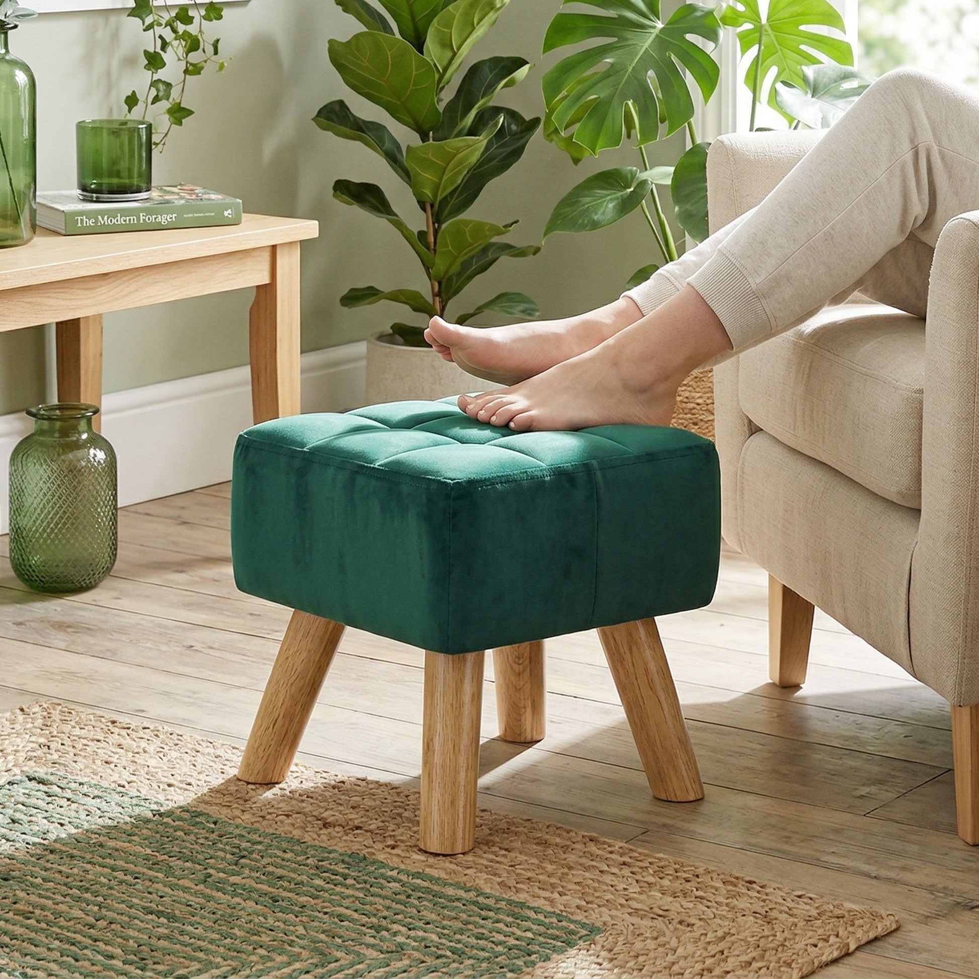 Modern Tufted Footstool, Fabric Foot Stool with Rubber Wood Legs, Padded Seat, for Living Room, Bedroom, Entryway, Dark Green