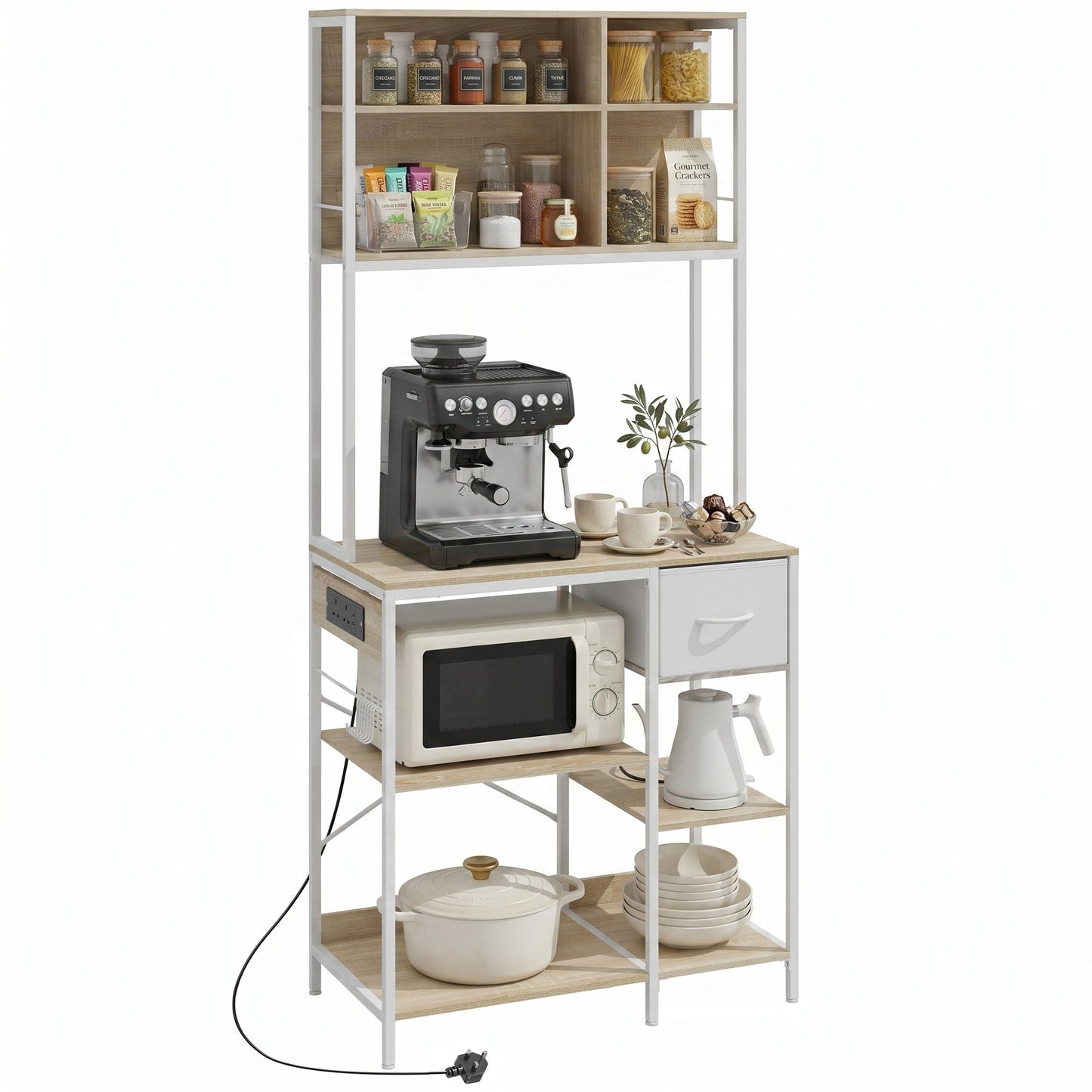 Kitchen Baker's Rack, Microwave Stand with Storage Shelves and 6 Hooks for Small Spaces, Kitchen Storage Unit for Spices, Pots and Pans, 80 x 40 x 181 cm, Oak