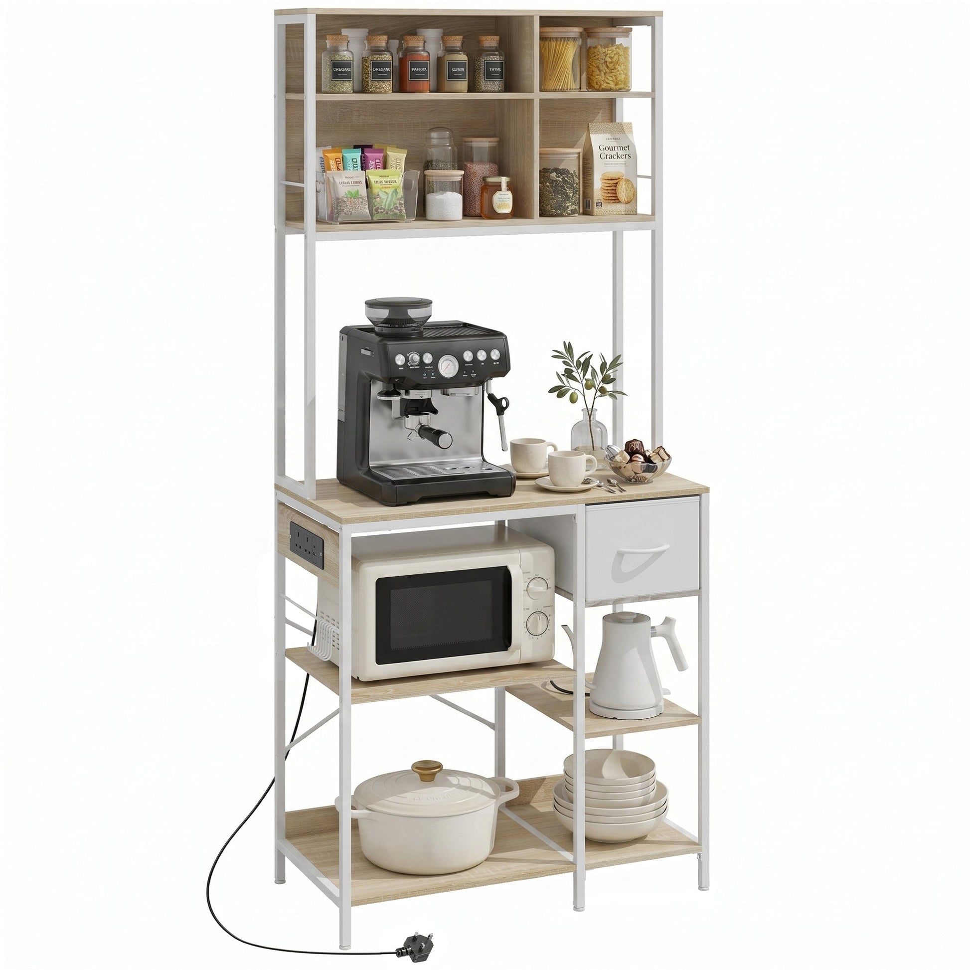 Kitchen Baker's Rack, Microwave Stand with Storage Shelves and 6 Hooks for Small Spaces, Kitchen Storage Unit for Spices, Pots and Pans, 80 x 40 x 181 cm, Oak