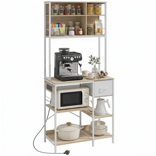 Kitchen Baker's Rack, Microwave Stand with Storage Shelves and 6 Hooks for Small Spaces, Kitchen Storage Unit for Spices, Pots and Pans, 80 x 40 x 181 cm, Oak