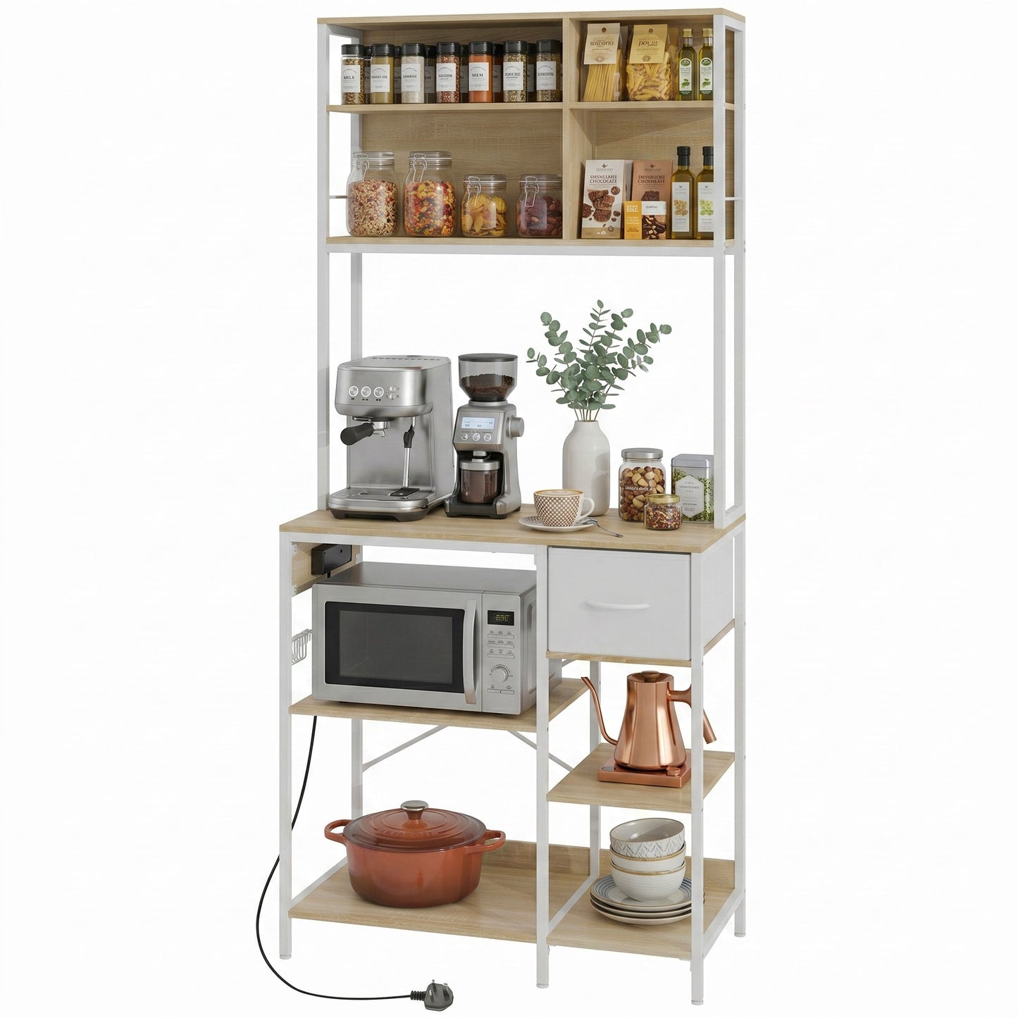 Kitchen Baker's Rack, Microwave Stand with Storage Shelves and 6 Hooks for Small Spaces, Kitchen Storage Unit for Spices, Pots and Pans, 80 x 40 x 181 cm, Oak