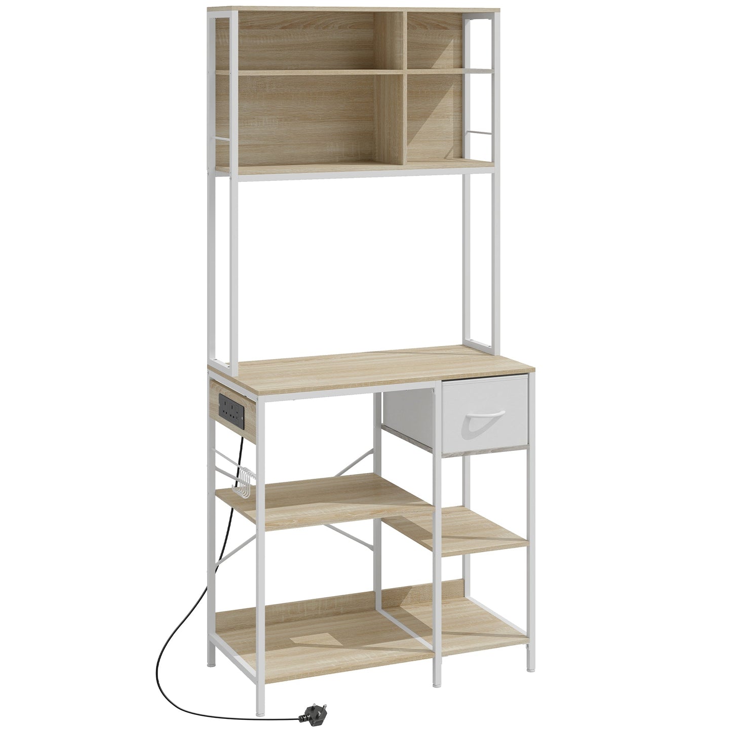 Kitchen Baker's Rack, Microwave Stand with Storage Shelves and 6 Hooks for Small Spaces, Kitchen Storage Unit for Spices, Pots and Pans, 80 x 40 x 181 cm, Oak