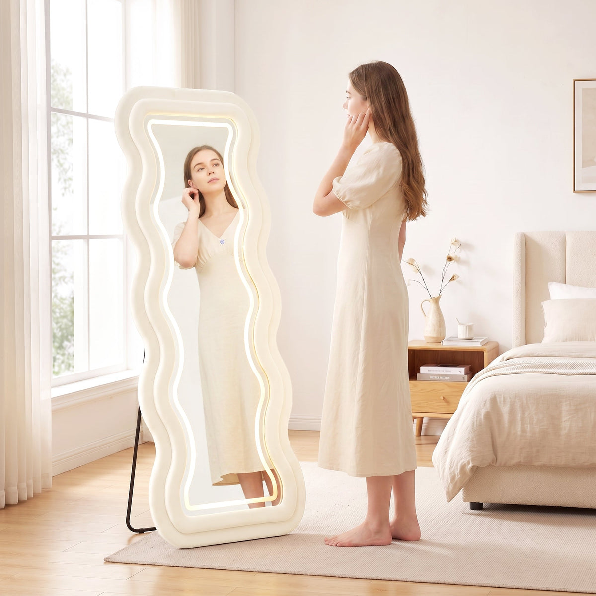 Full Length Mirror, 160 x 60 cm Arched Large Full Body Standing Mirror with Velvet Frame, HD Tempered Glass, Floor Standing, Wall Hanging or Leaning for Bedroom,  Living Room, Cream White