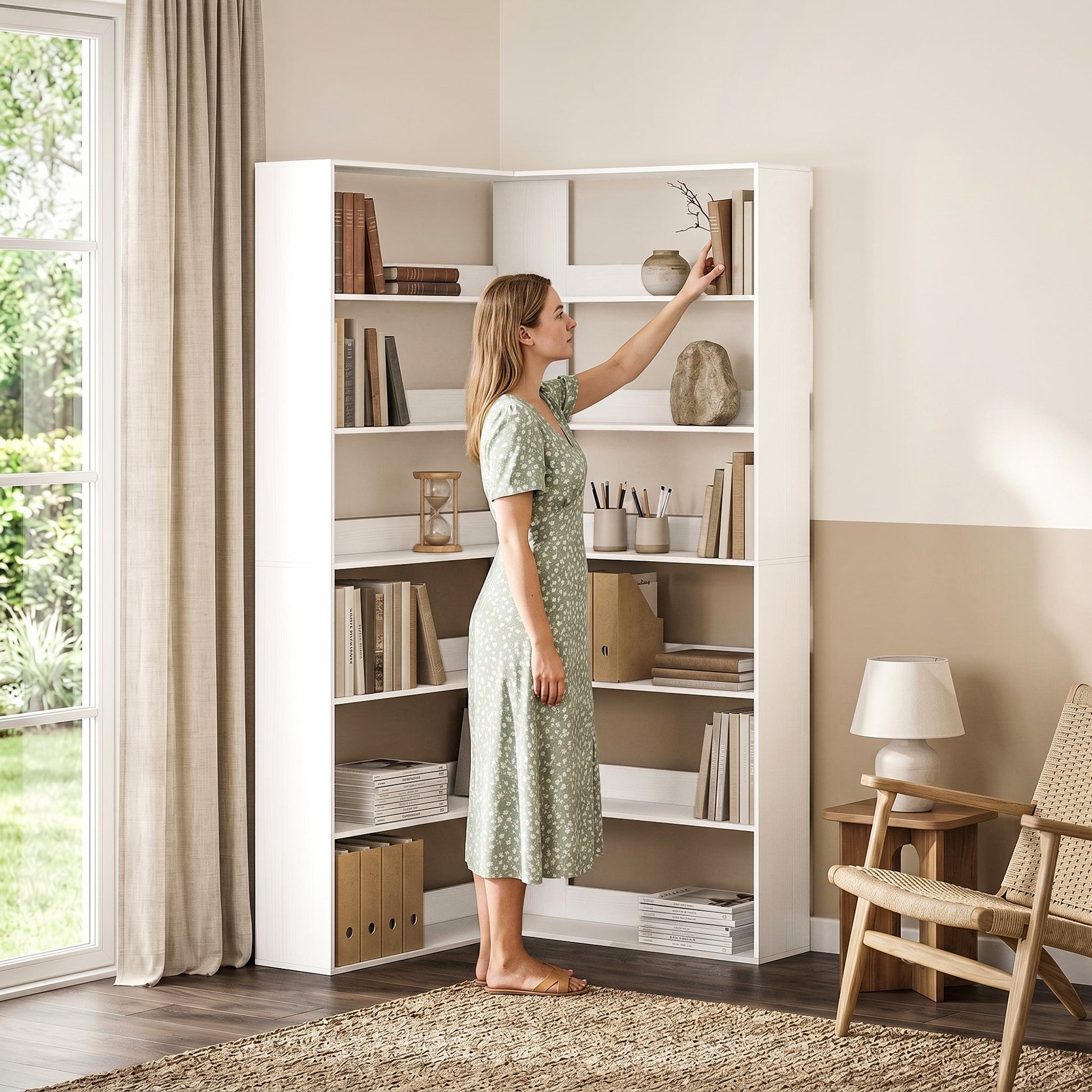 7 Tiers Corner Bookshelf, L-Shaped Bookcase with Anti-Slip Rear Guard, Storage Shelves for Living Room, Bedroom and Home Office, 90W x 90D x 180H cm, White Wood Effect