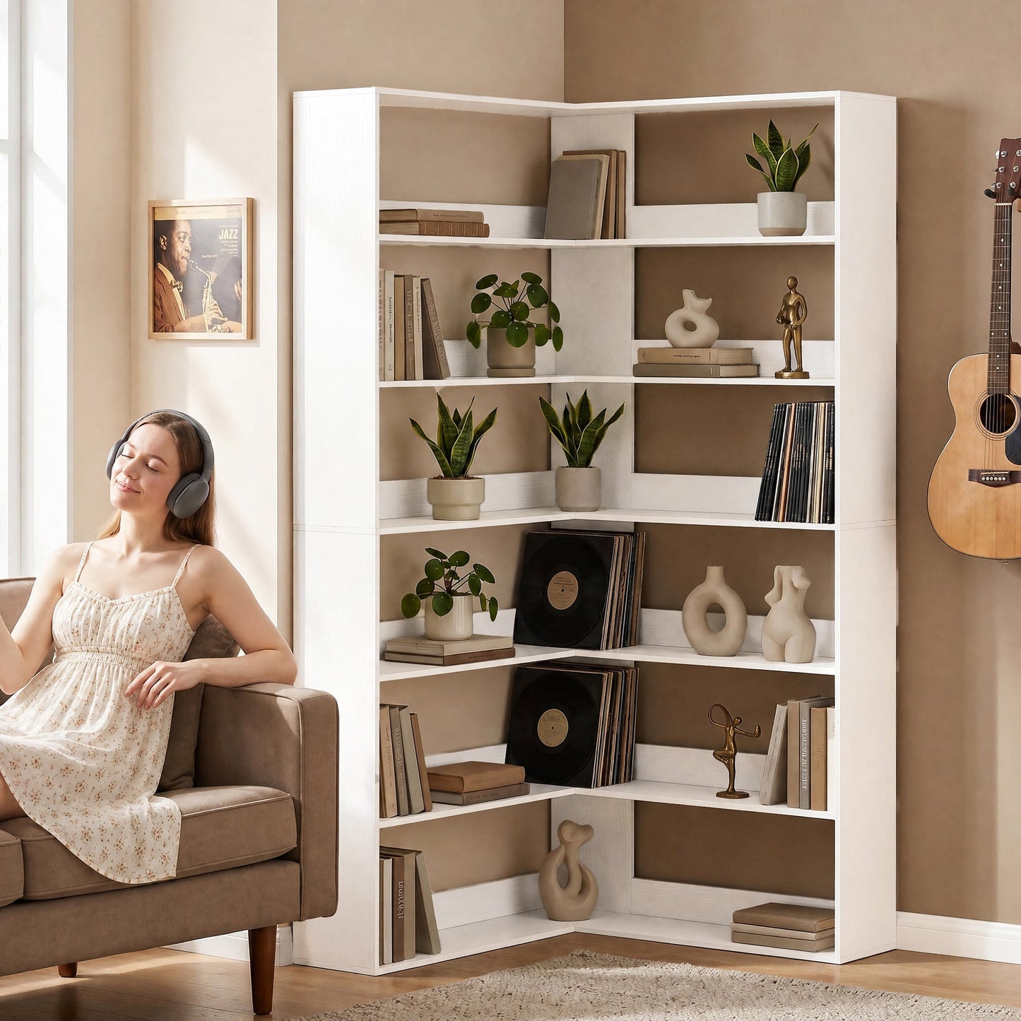 7 Tiers Corner Bookshelf, L-Shaped Bookcase with Anti-Slip Rear Guard, Storage Shelves for Living Room, Bedroom and Home Office, 90W x 90D x 180H cm, White Wood Effect