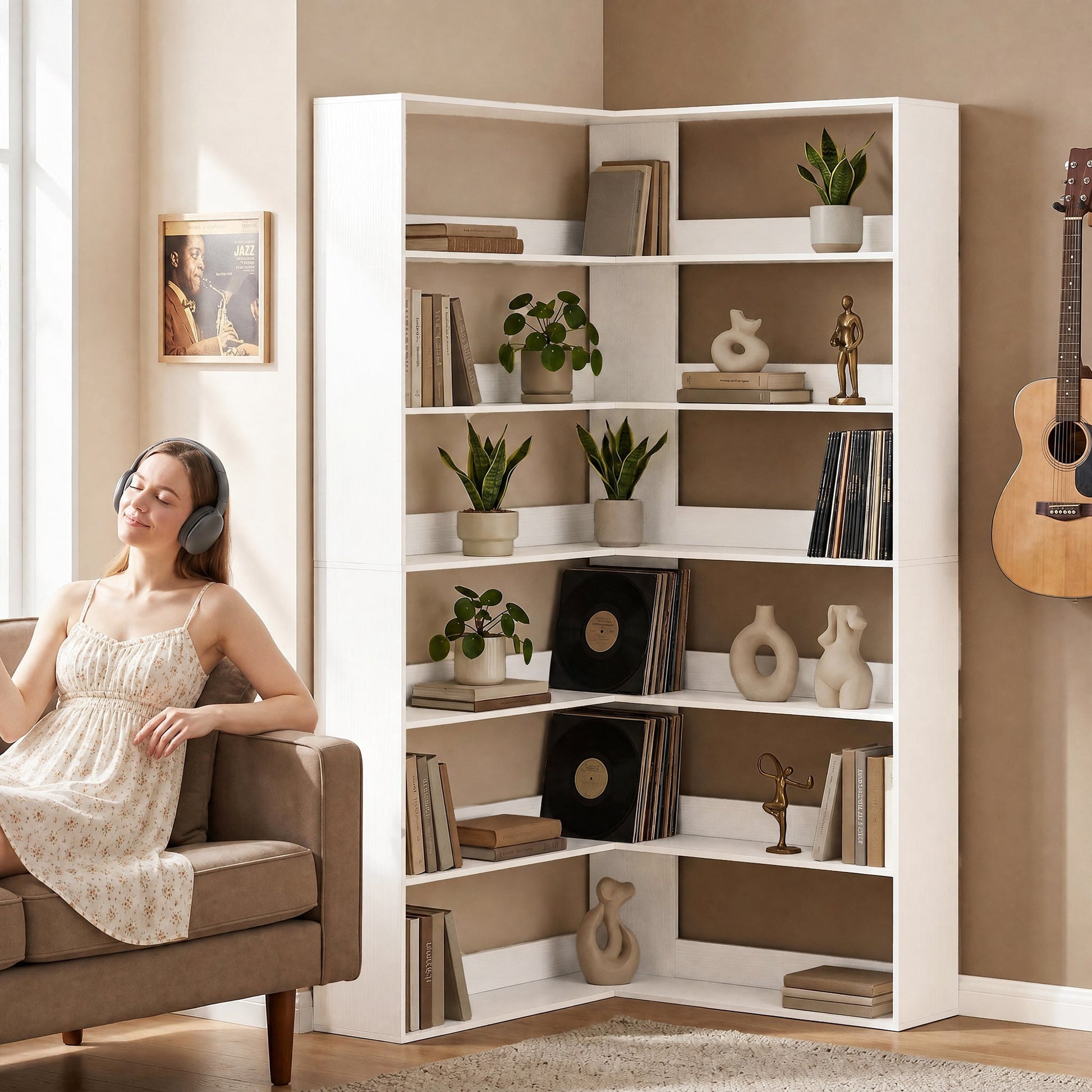 7 Tiers Corner Bookshelf, L-Shaped Bookcase with Anti-Slip Rear Guard, Storage Shelves for Living Room, Bedroom and Home Office, 90W x 90D x 180H cm, White Wood Effect