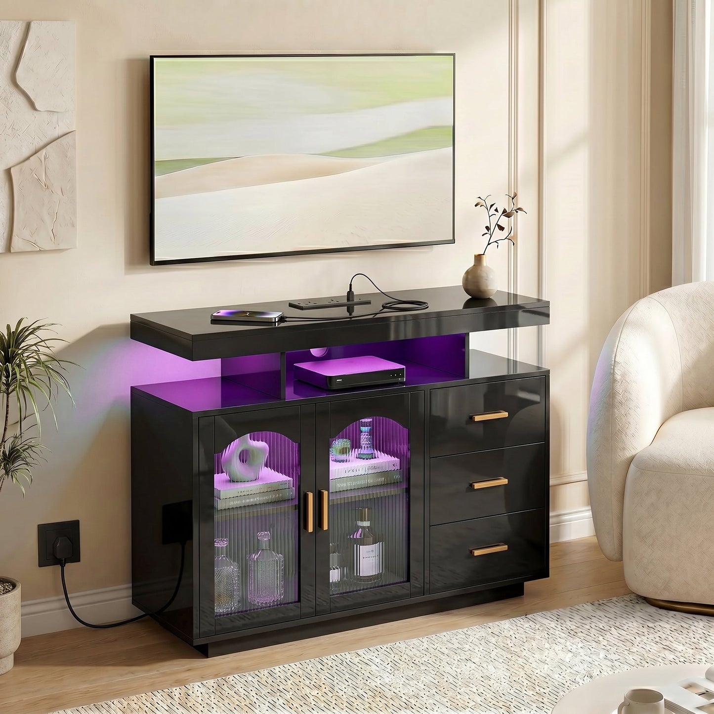 High Gloss Sideboard with LED Lights, Built-in Power Outlets, Modern Storage Cabinet with 3 Drawers, Shelves and 2 Acrylic Doors, Soft-Close TV Stand Unit for 72-Inch TVs, Living Room, Black