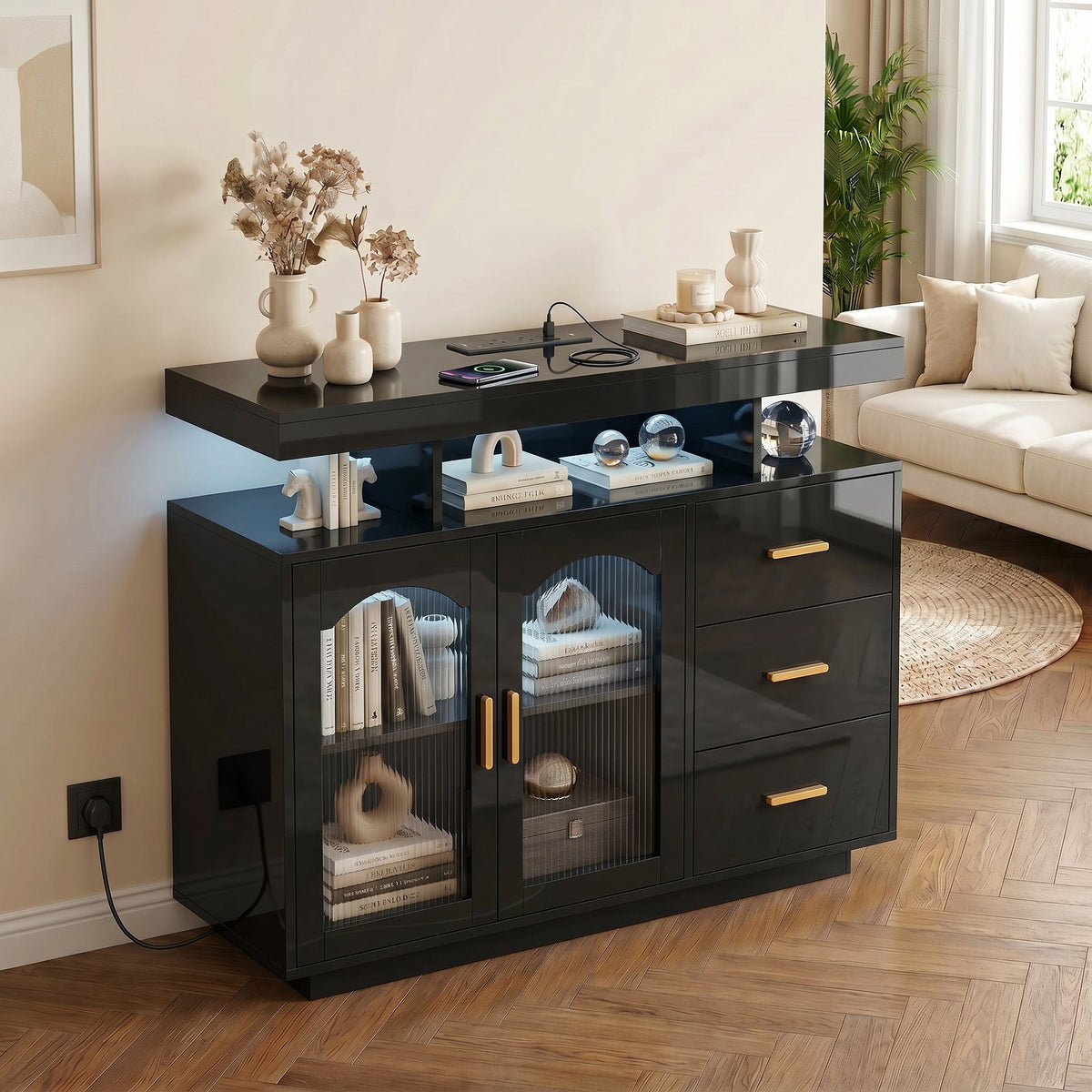 High Gloss Sideboard with LED Lights, Built-in Power Outlets, Modern Storage Cabinet with 3 Drawers, Shelves and 2 Acrylic Doors, Soft-Close TV Stand Unit for 72-Inch TVs, Living Room, Black
