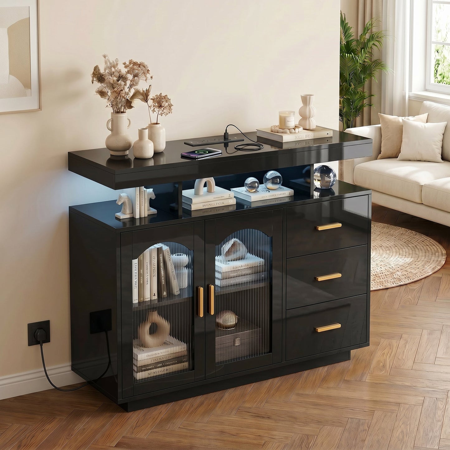 High Gloss Sideboard with LED Lights, Built-in Power Outlets, Modern Storage Cabinet with 3 Drawers, Shelves and 2 Acrylic Doors, Soft-Close TV Stand Unit for 72-Inch TVs, Living Room, Black