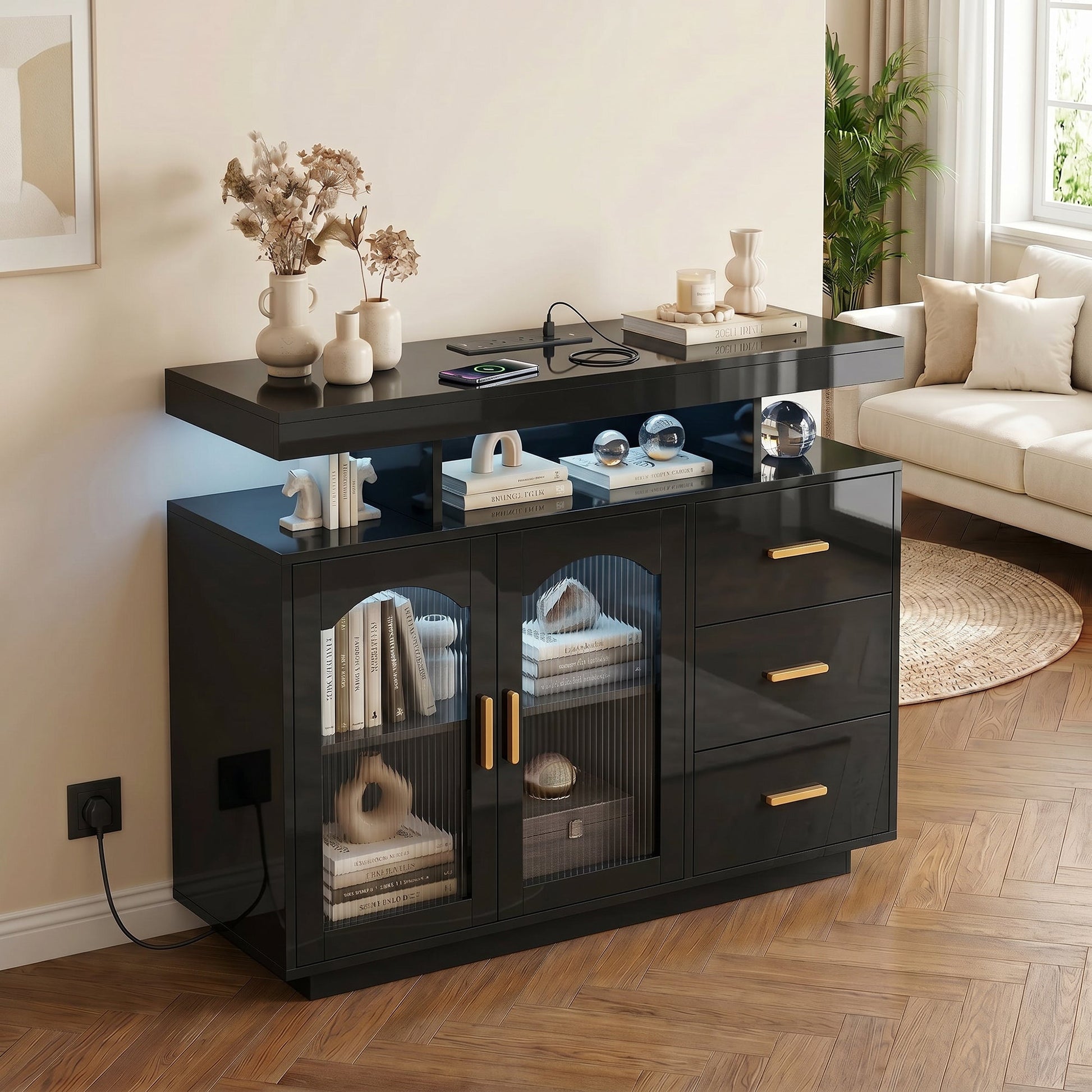 High Gloss Sideboard with LED Lights, Built-in Power Outlets, Modern Storage Cabinet with 3 Drawers, Shelves and 2 Acrylic Doors, Soft-Close TV Stand Unit for 72-Inch TVs, Living Room, Black