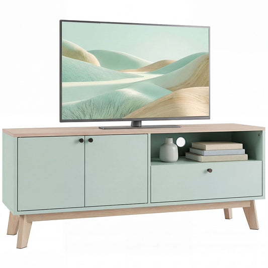 TV Stand Cabinet for Television up to 36 Inch, Modern TV Unit with 2 Doors and Open Shelf, Entertainment Center with Adjustable Shelf for Living Room, Light Green