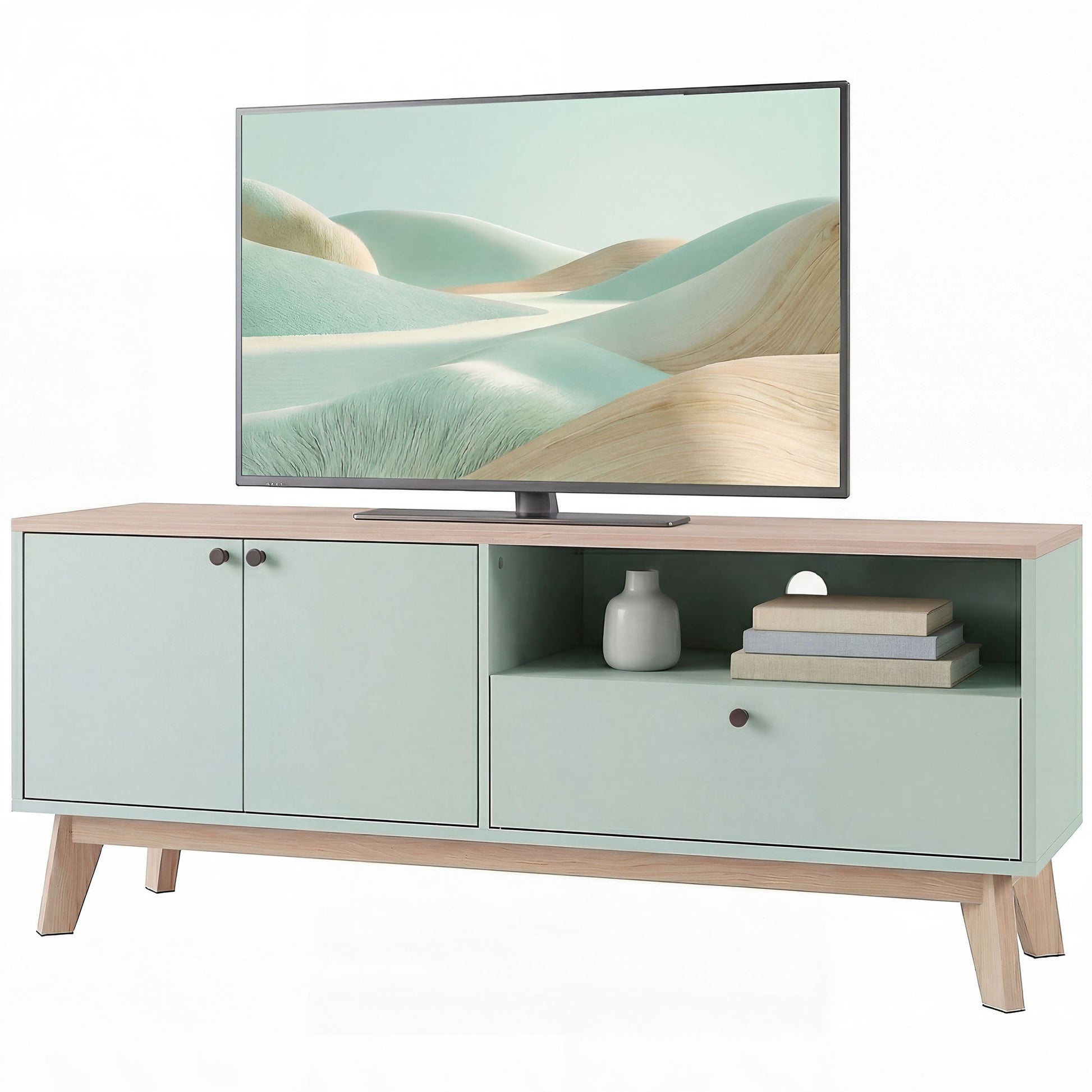 TV Stand Cabinet for Television up to 36 Inch, Modern TV Unit with 2 Doors and Open Shelf, Entertainment Center with Adjustable Shelf for Living Room, Light Green