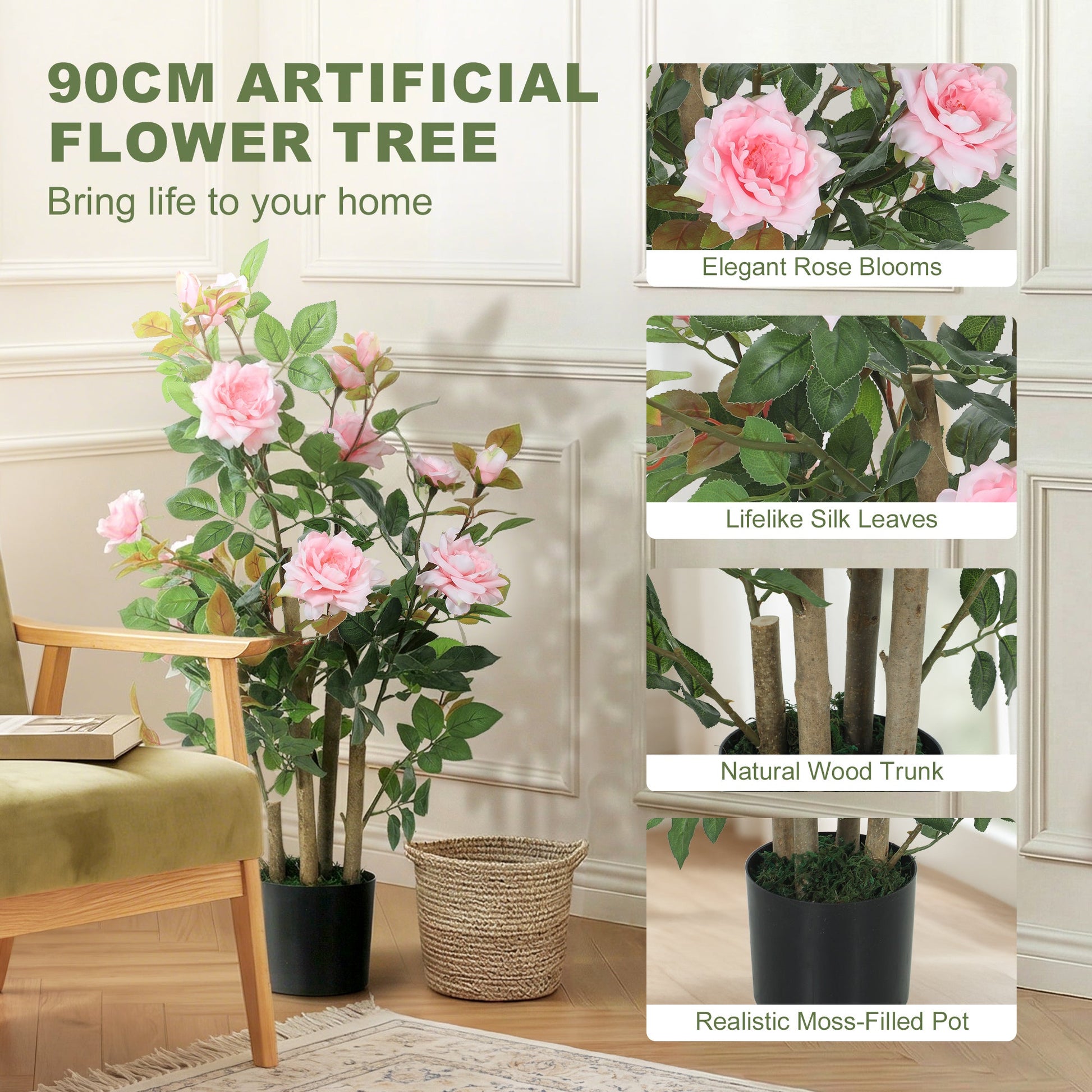 90cm Artificial Rose Tree, Decorative Fake Plant with 344 Silk Leaves and 17 Flowers, UV-Resistant Faux Tree for Outdoor Indoor Garden Porch Decor, Pink