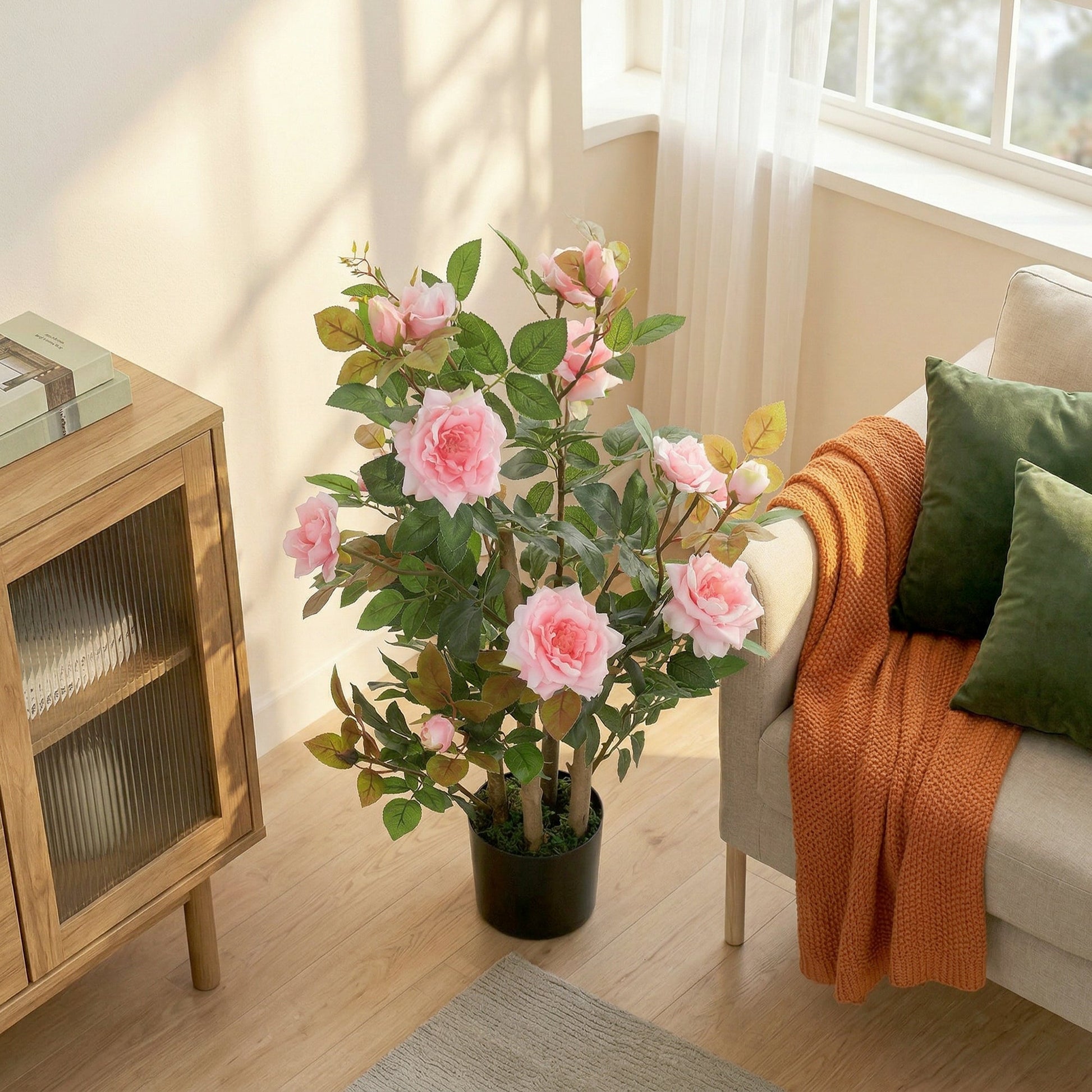 90cm Artificial Rose Tree, Decorative Fake Plant with 344 Silk Leaves and 17 Flowers, UV-Resistant Faux Tree for Outdoor Indoor Garden Porch Decor, Pink