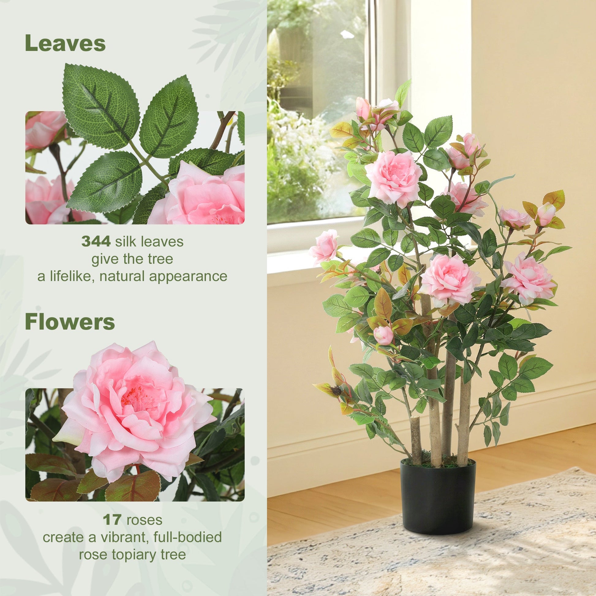 90cm Artificial Rose Tree, Decorative Fake Plant with 344 Silk Leaves and 17 Flowers, UV-Resistant Faux Tree for Outdoor Indoor Garden Porch Decor, Pink