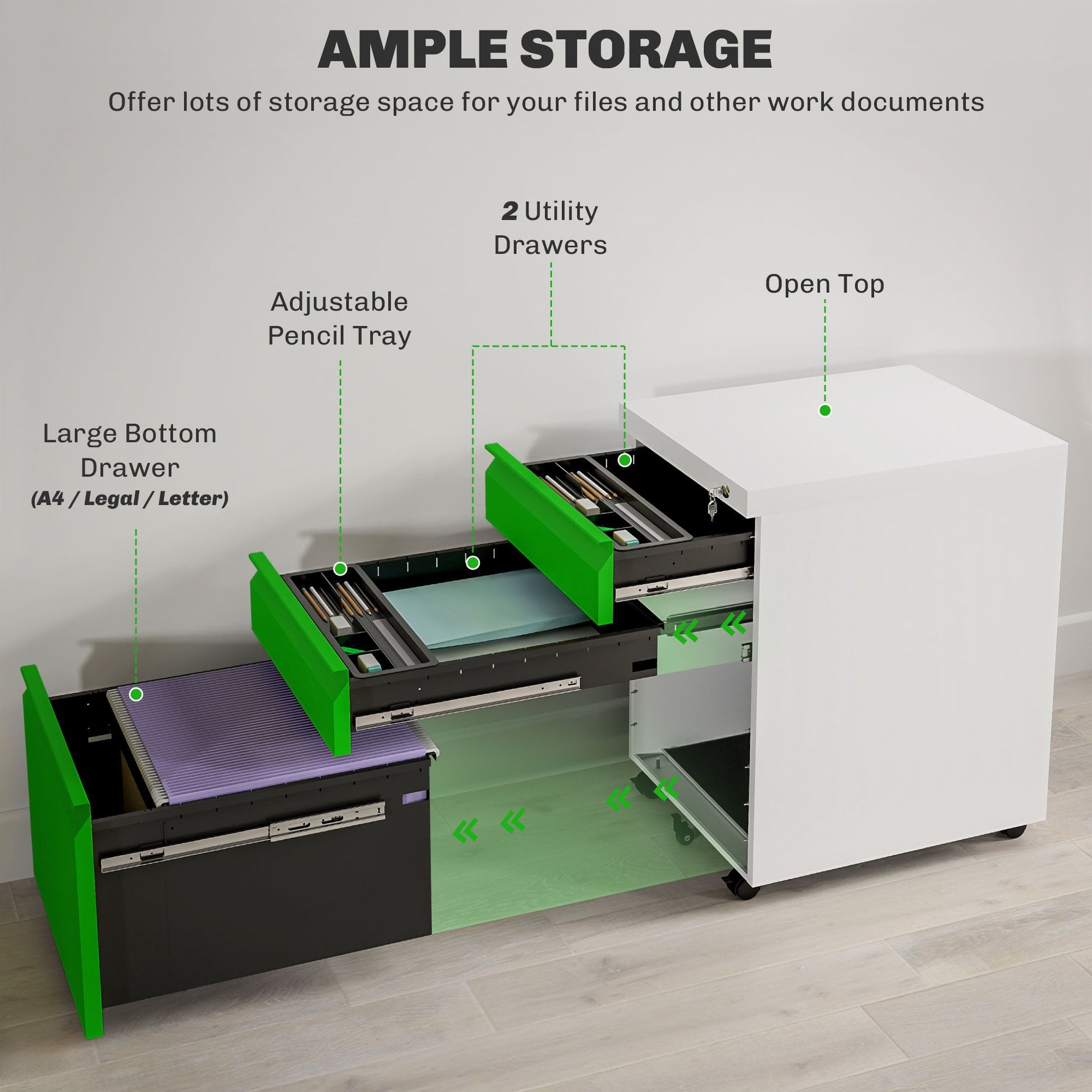 Vinsetto Mobile Vertical File Cabinet Lockable Metal Filling Cabinet with 3 Drawers Anti-tilt Design for Letter A4 Legal Size Fully Assembled Except Casters Green