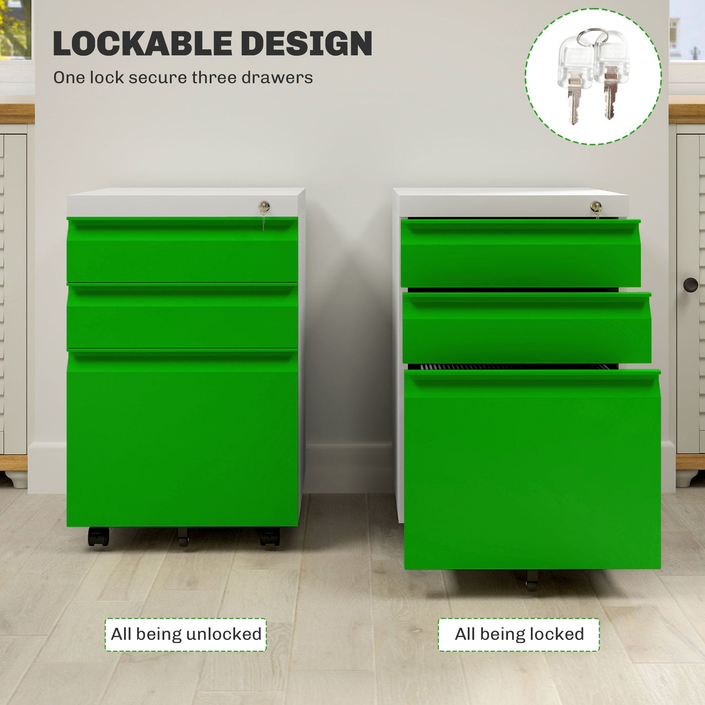 Vinsetto Mobile Vertical File Cabinet Lockable Metal Filling Cabinet with 3 Drawers Anti-tilt Design for Letter A4 Legal Size Fully Assembled Except Casters Green