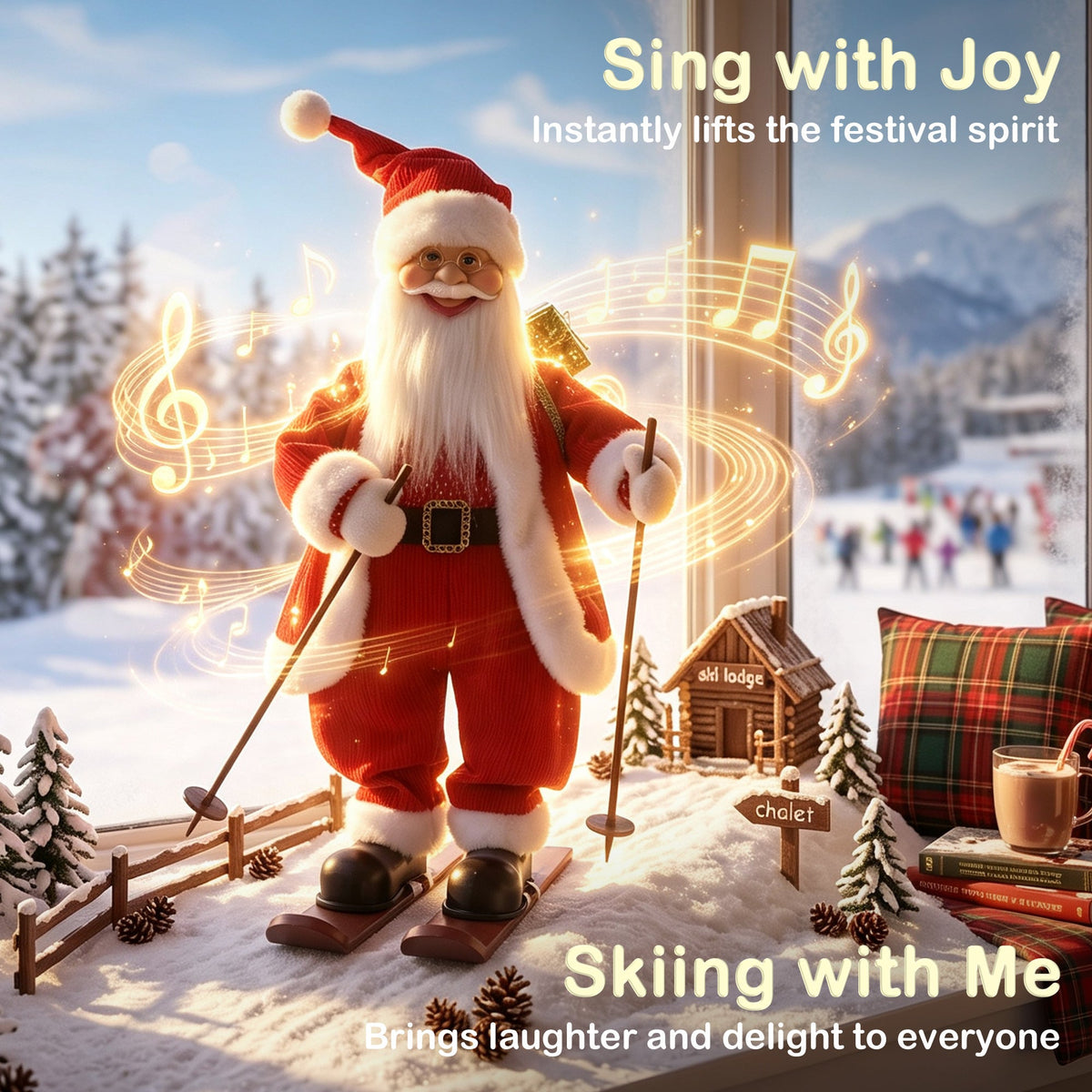 2ft Singing Skiing Santa Claus, 66 cm Standing Musical Animated Santa with Ski Board, Poles, Sack, Posable Arms, Handcrafted, Sound Touch Activated, Moving Christmas Figure Decoration