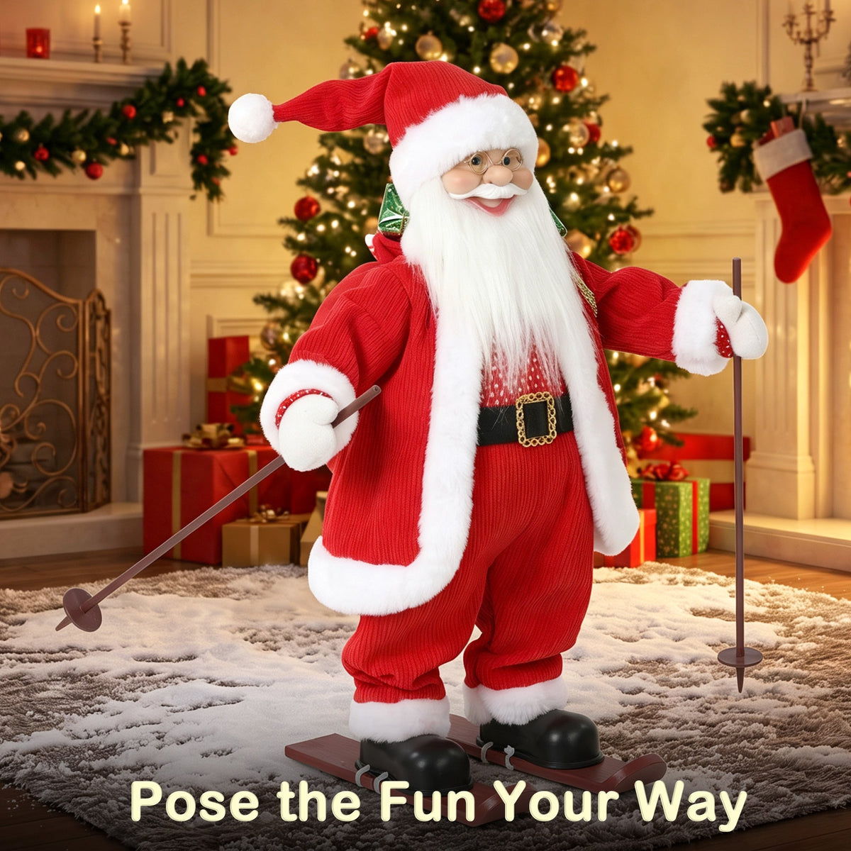 2ft Singing Skiing Santa Claus, 66 cm Standing Musical Animated Santa with Ski Board, Poles, Sack, Posable Arms, Handcrafted, Sound Touch Activated, Moving Christmas Figure Decoration