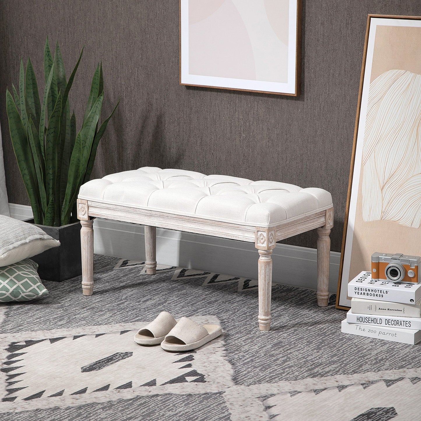 HOMCOM 80cm End of Bed Bench, Window Seat, Tufted Bench for Bedroom, Hallway, Living Room, Cream White