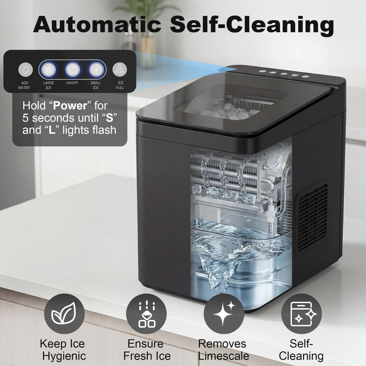 Ice Maker Machine Countertop, 12kg/24H, 9 Cubes in 7 Mins, 2 Sizes, Self-Cleaning Compact Ice Cube Maker with Scoop and Basket for Home Office Kitchen RV, Black