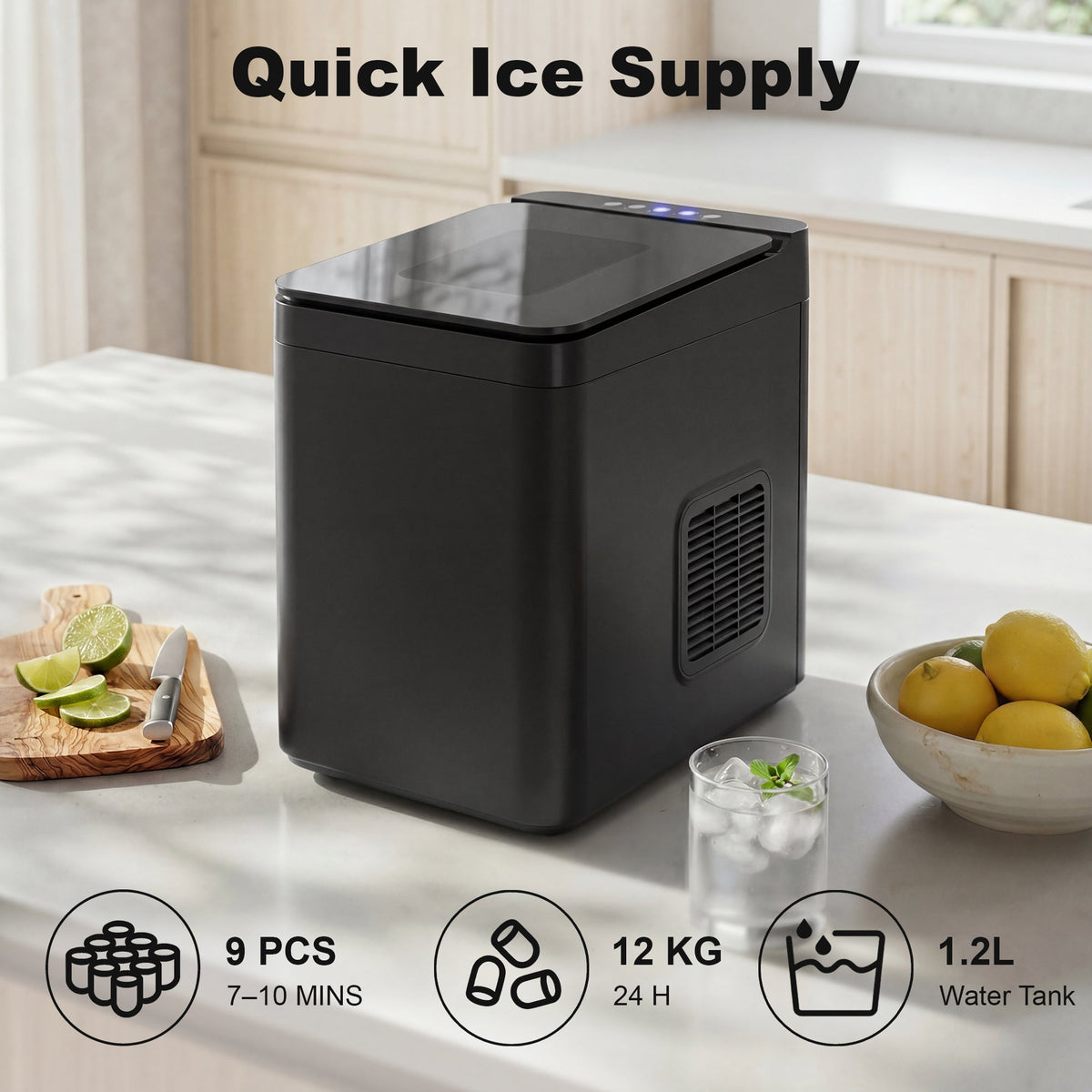 Ice Maker Machine Countertop, 12kg/24H, 9 Cubes in 7 Mins, 2 Sizes, Self-Cleaning Compact Ice Cube Maker with Scoop and Basket for Home Office Kitchen RV, Black