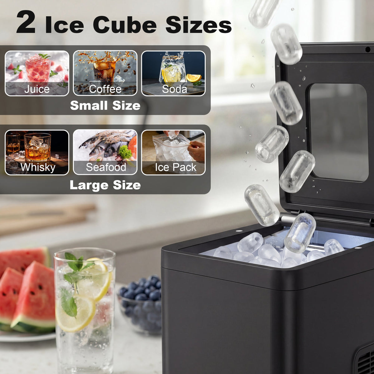 Ice Maker Machine Countertop, 12kg/24H, 9 Cubes in 7 Mins, 2 Sizes, Self-Cleaning Compact Ice Cube Maker with Scoop and Basket for Home Office Kitchen RV, Black
