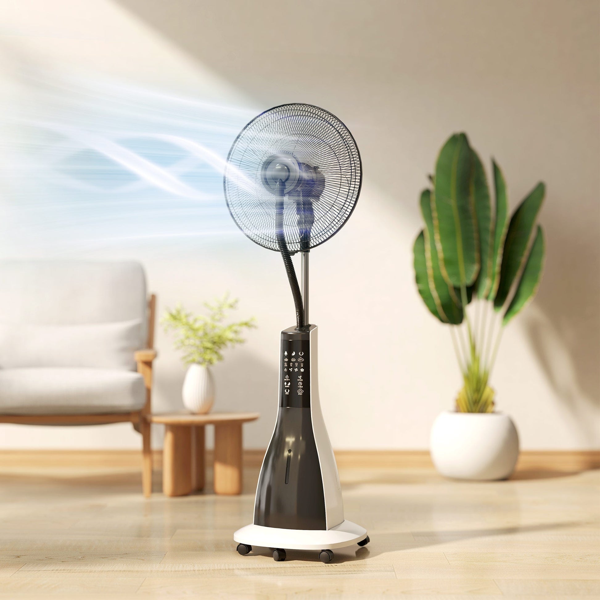 Pedestal Fan with Water Mist Spray, Spray Misting Fan with 75° Oscillation, Remote Control, Tilt Head, 3 Speeds, 3 Modes, 3 Mist, 3L Water Tank, Wheels, for Home, 125 cm