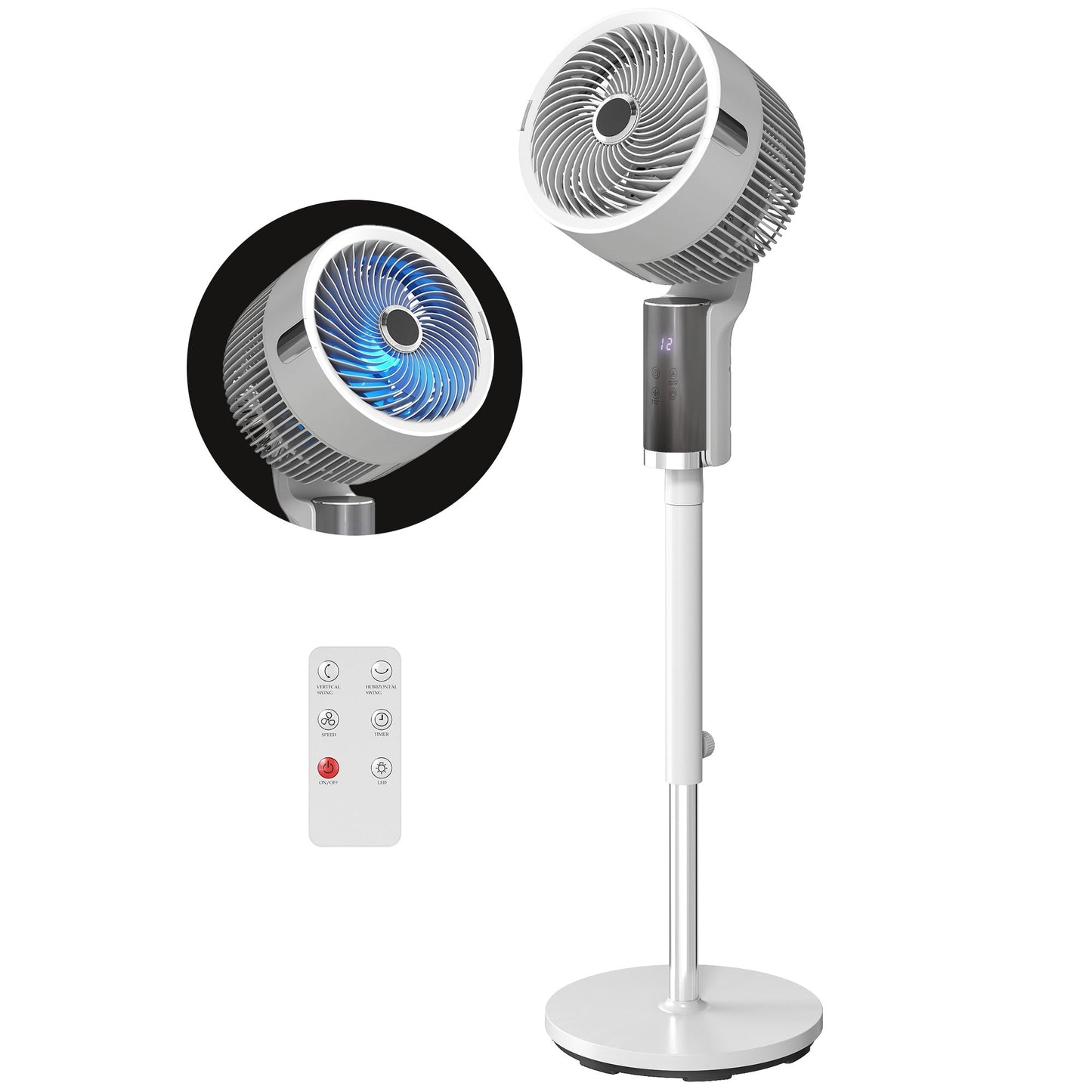 20 dB Silent Standing Fan for Bedroom, 44" Pedestal Fan with 55° Oscillating, 90° Vertical Tilt, 8 Speeds, LED Light, Remote Control, 12H Timer, Adjustable Height, White