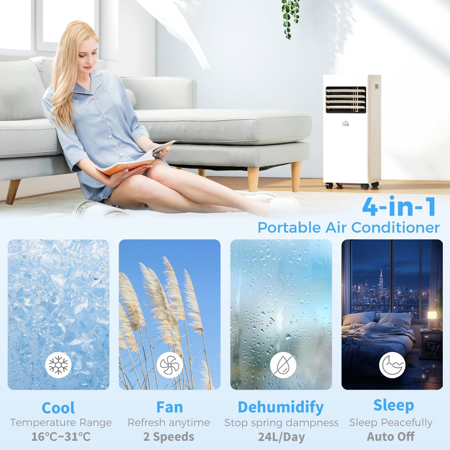 Portable Air Conditioner 9000 BTU, 4-in-1 Cooling, Dehumidifier, Fan, Sleep Mode, Air Conditioning Unit with Digital Display & Remote Control, 24H Timer, Window Venting Kit, for Room up to 28㎡