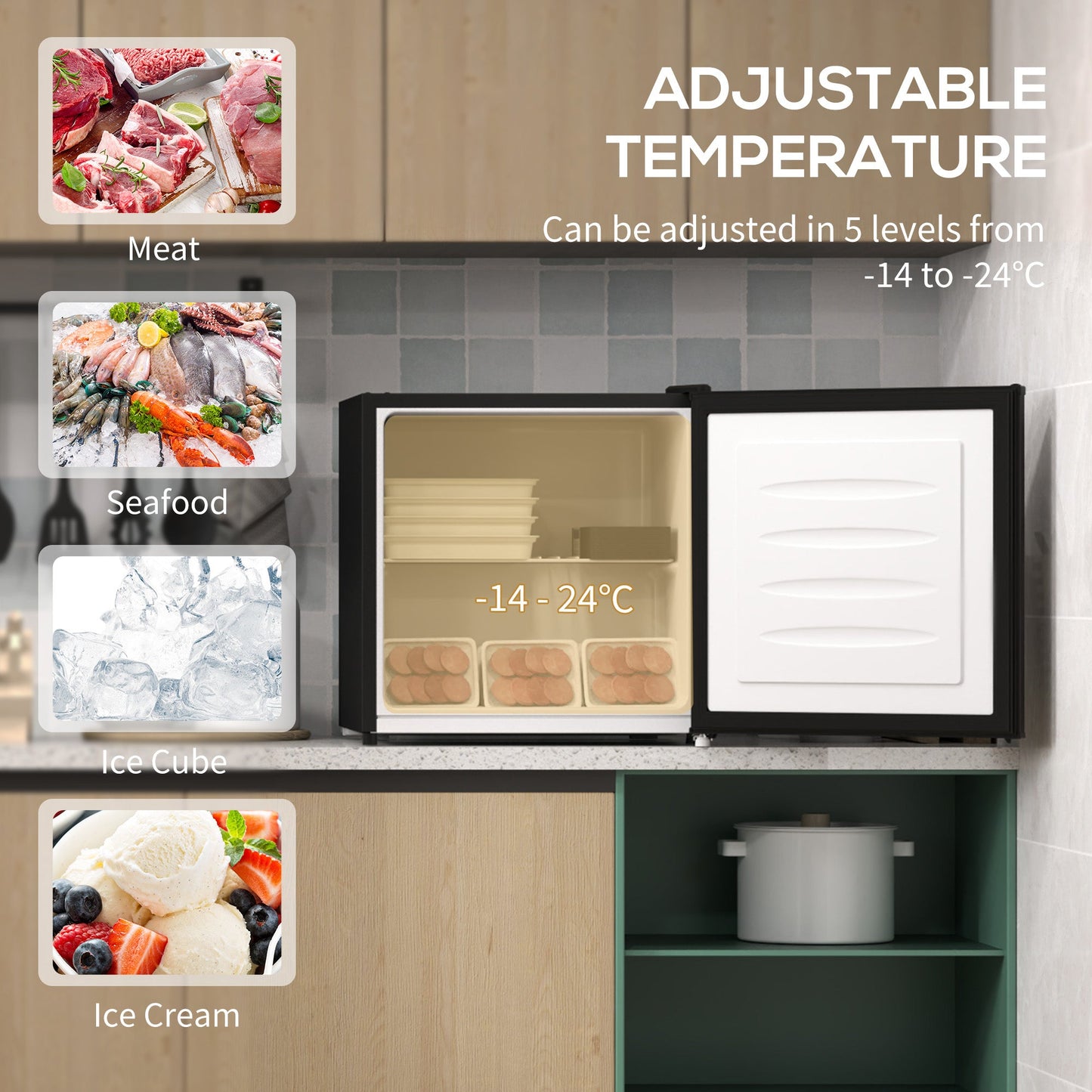 HOMCOM Tabletop Mini Freezer with 35 Litre Capacity, Small Freezer with Reversible Door, Adjustable Temperature and Removable Wire Shelf for Bedrooms, Home Office, Black