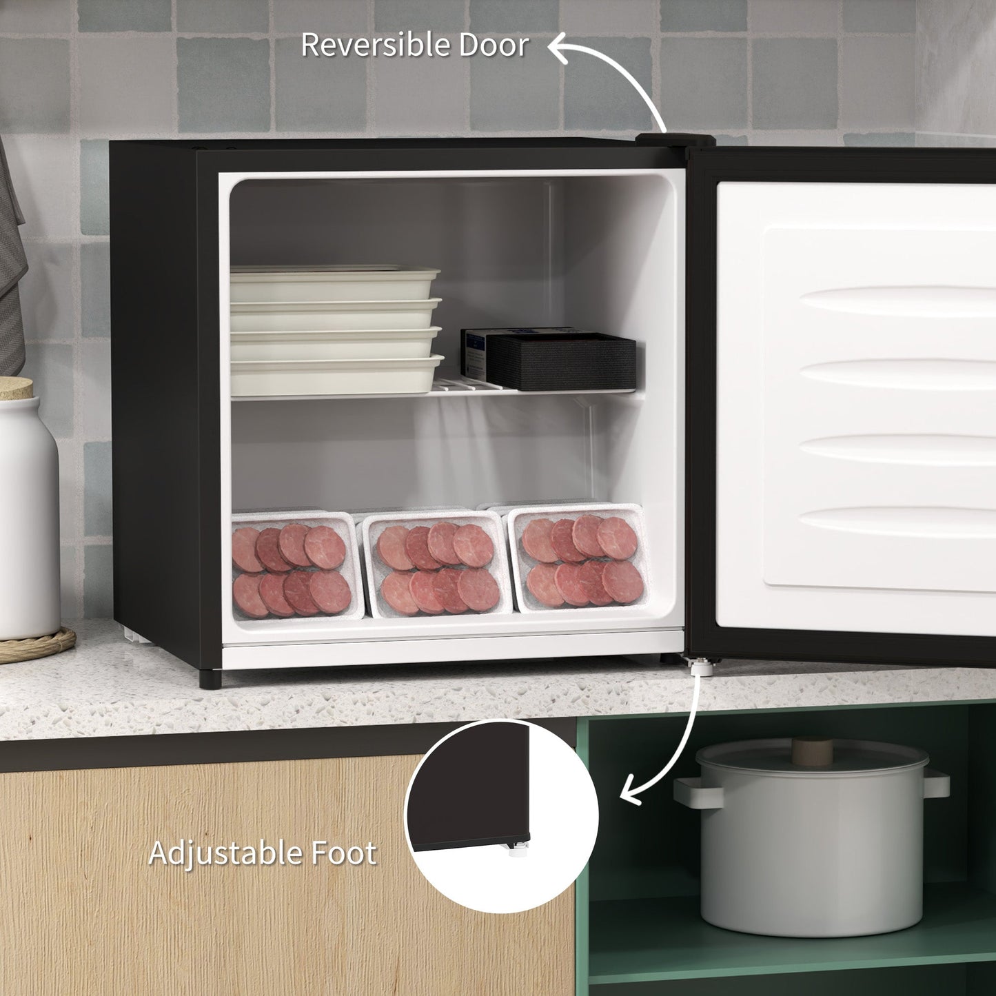 HOMCOM Tabletop Mini Freezer with 35 Litre Capacity, Small Freezer with Reversible Door, Adjustable Temperature and Removable Wire Shelf for Bedrooms, Home Office, Black