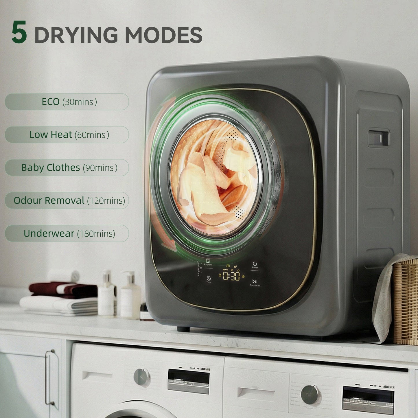 4kg Vented Tumble Dryer, 800W Compact Freestanding Front Tumble Dryer with 5 Drying Mode, Smart Sensor, Timer and Stainless Steel Tub, Wall-Mounted Portable Small Clothes Drying Machine, Grey