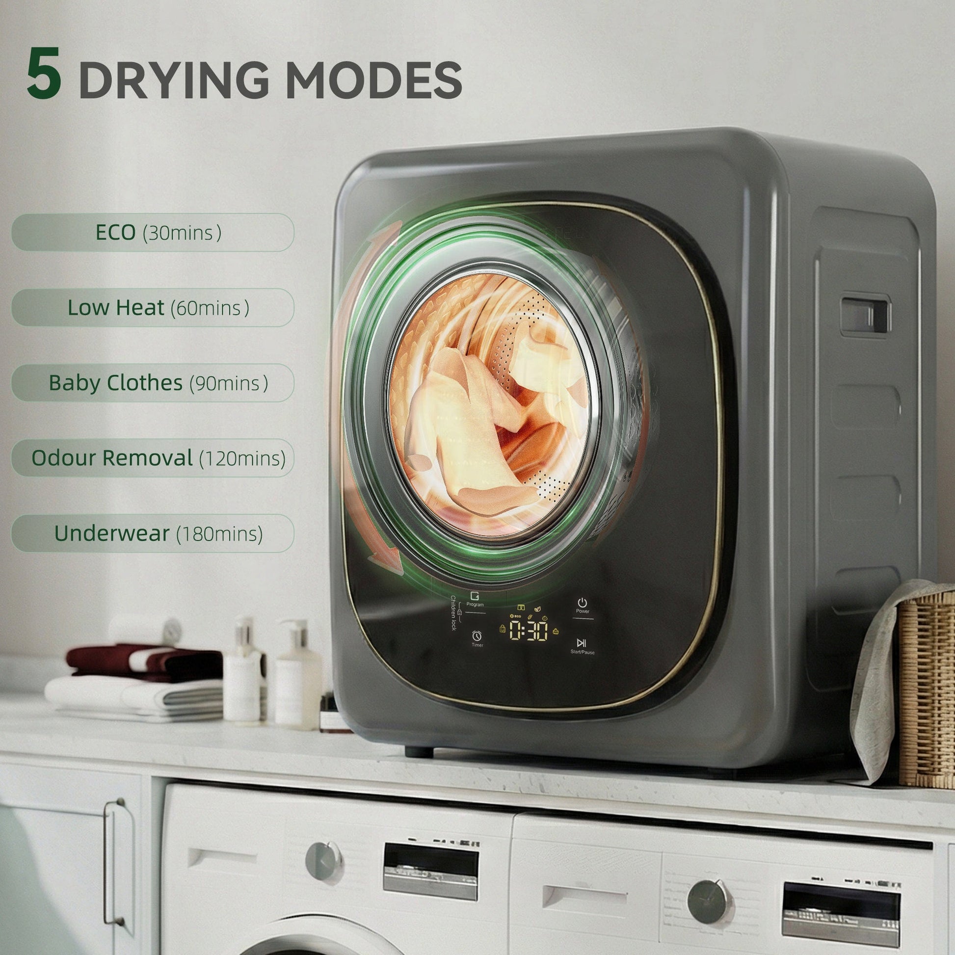4kg Vented Tumble Dryer, 800W Compact Freestanding Front Tumble Dryer with 5 Drying Mode, Smart Sensor, Timer and Stainless Steel Tub, Wall-Mounted Portable Small Clothes Drying Machine, Grey