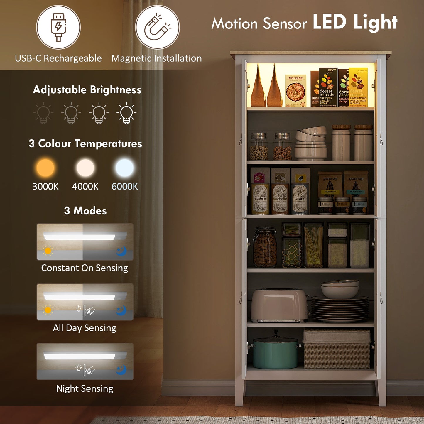 Tall Kitchen Cupboard with Motion Sensor LED Light, 3-Colour Dimmable Lighting, 177 cm Freestanding Storage Cabinet with Doors and Adjustable Shelves, White