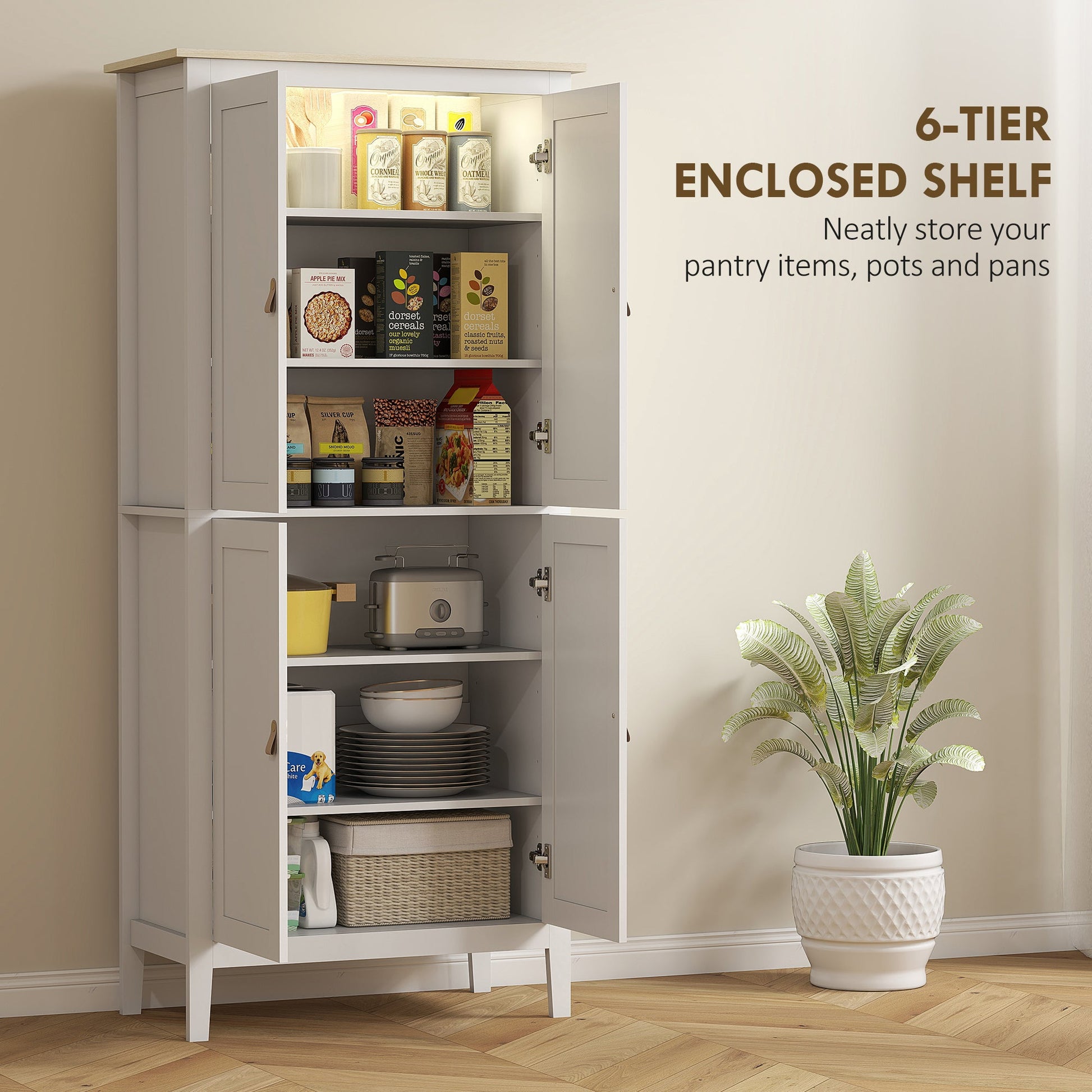 Tall Kitchen Cupboard with Motion Sensor LED Light, 3-Colour Dimmable Lighting, 177 cm Freestanding Storage Cabinet with Doors and Adjustable Shelves, White