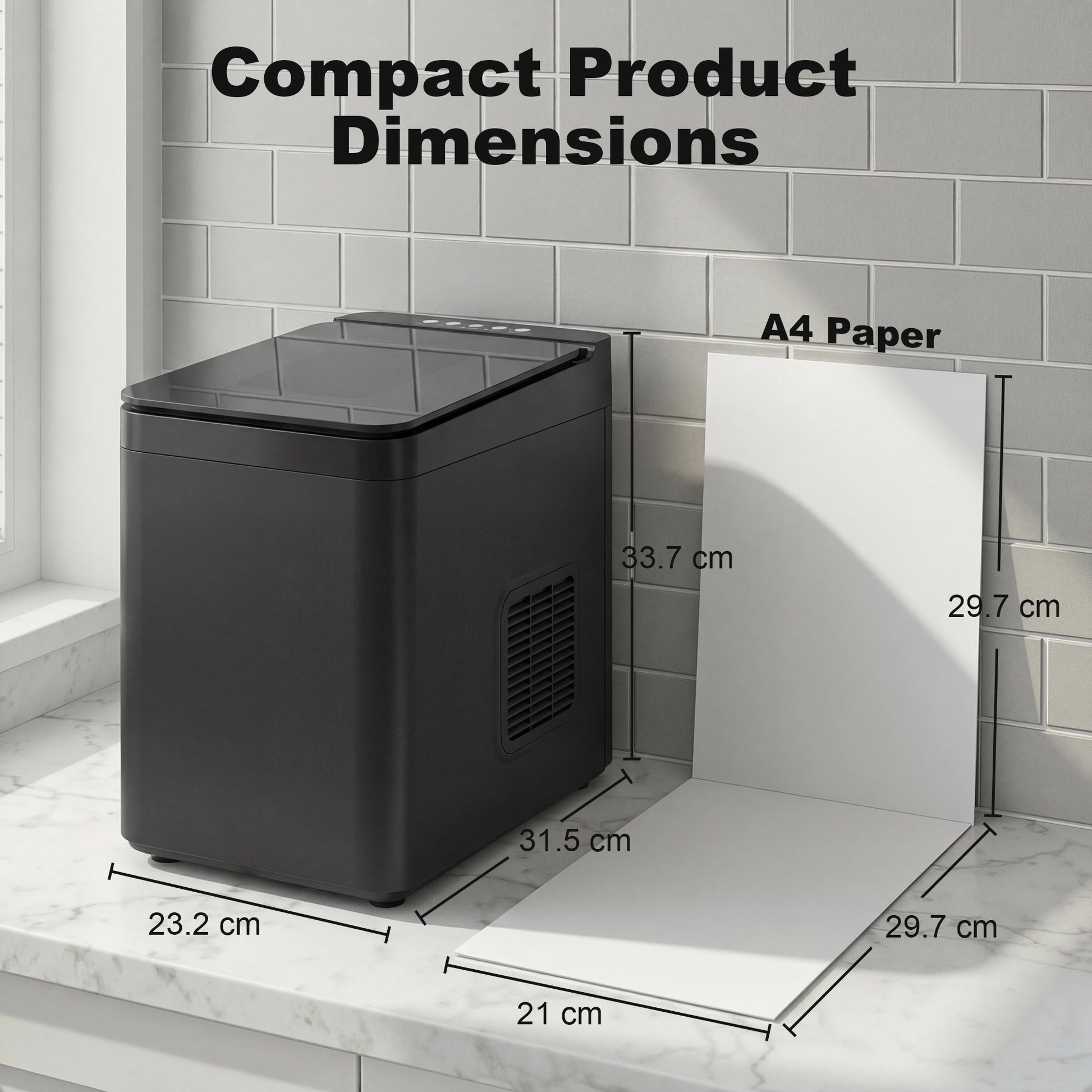 Ice Maker Machine Countertop, 12kg/24H, 9 Cubes in 7 Mins, 2 Sizes, Self-Cleaning Compact Ice Cube Maker with Scoop and Basket for Home Office Kitchen RV, Black