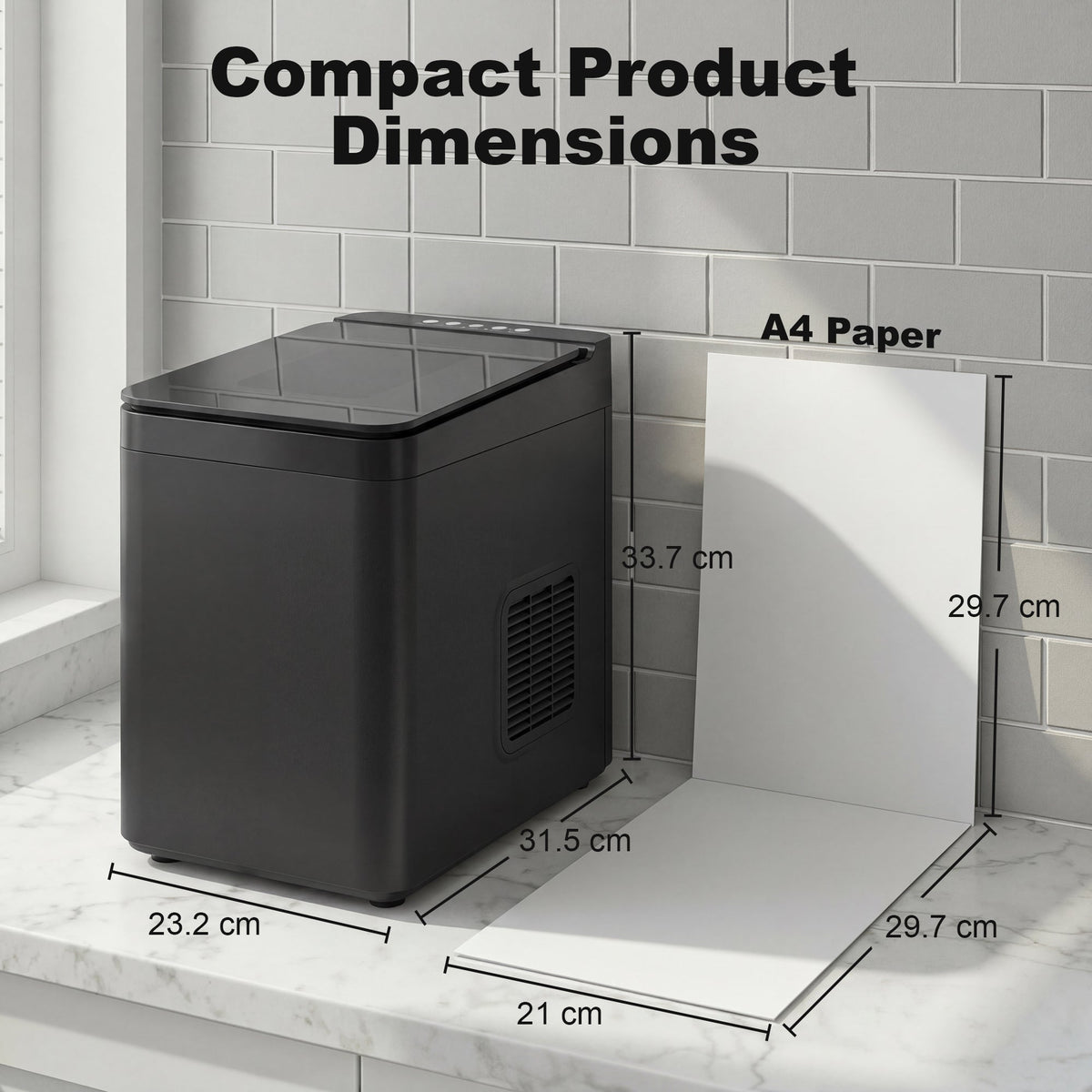 Ice Maker Machine Countertop, 12kg/24H, 9 Cubes in 7 Mins, 2 Sizes, Self-Cleaning Compact Ice Cube Maker with Scoop and Basket for Home Office Kitchen RV, Black