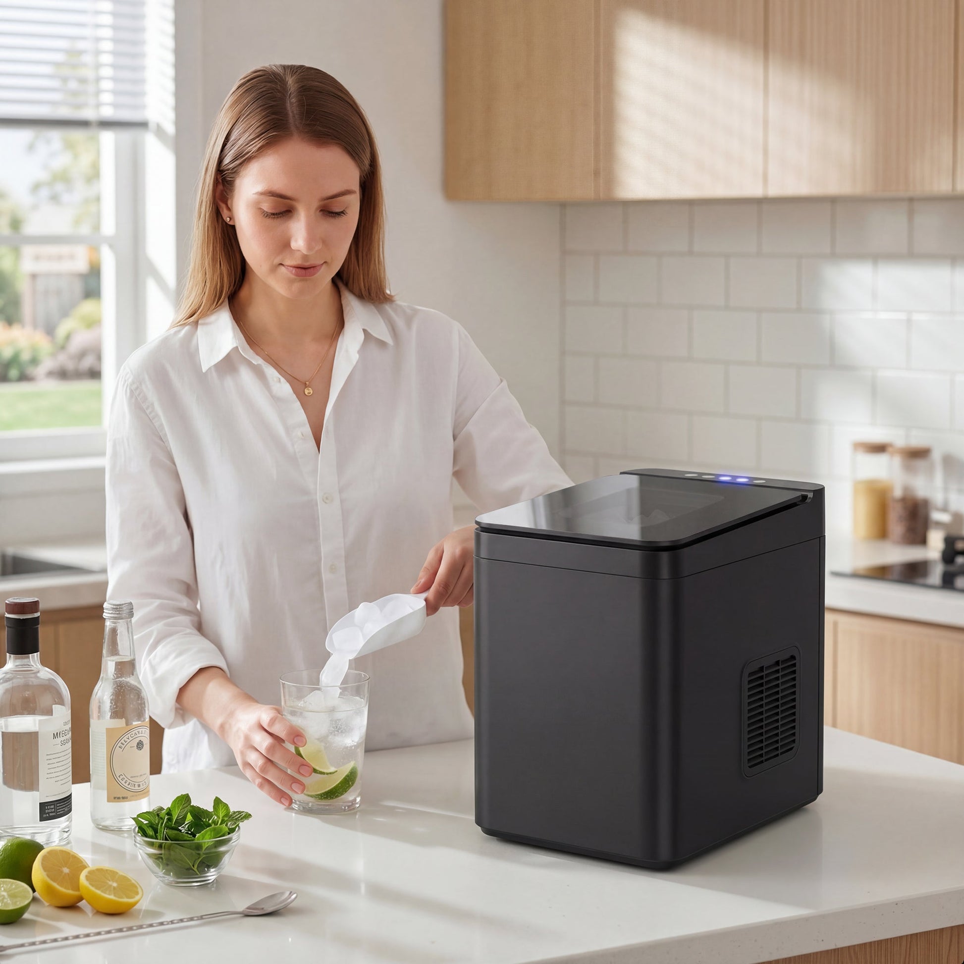 Ice Maker Machine Countertop, 12kg/24H, 9 Cubes in 7 Mins, 2 Sizes, Self-Cleaning Compact Ice Cube Maker with Scoop and Basket for Home Office Kitchen RV, Black