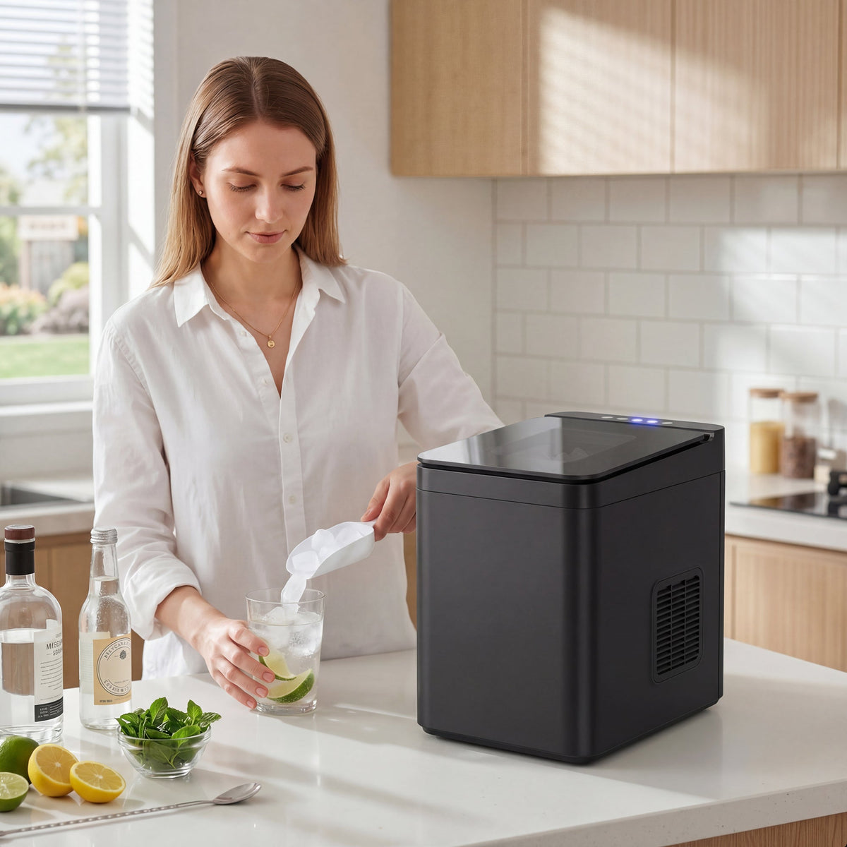 Ice Maker Machine Countertop, 12kg/24H, 9 Cubes in 7 Mins, 2 Sizes, Self-Cleaning Compact Ice Cube Maker with Scoop and Basket for Home Office Kitchen RV, Black